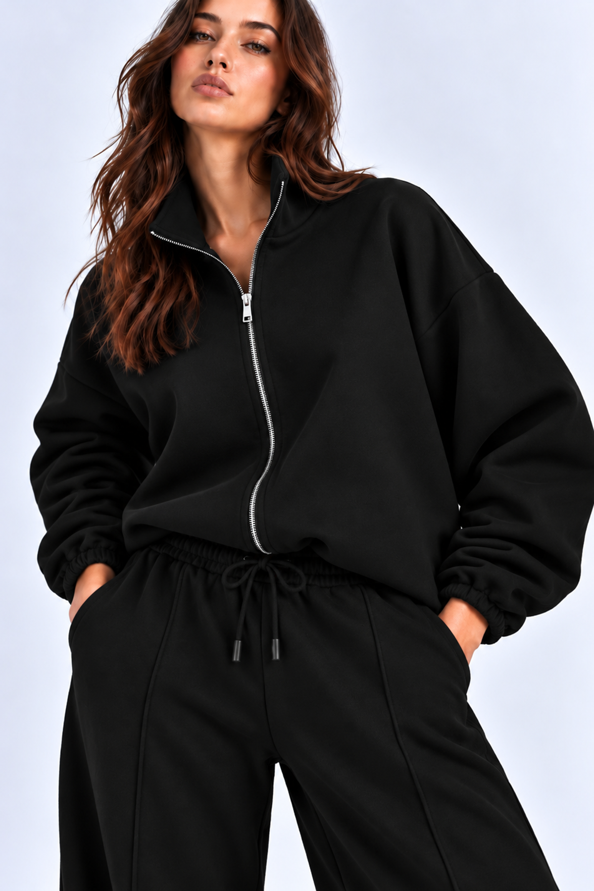 SİYAH 3 Iplik Içi Şardonlu Dik Yaka Demir Fermuarlı Oversize Sweatshirt