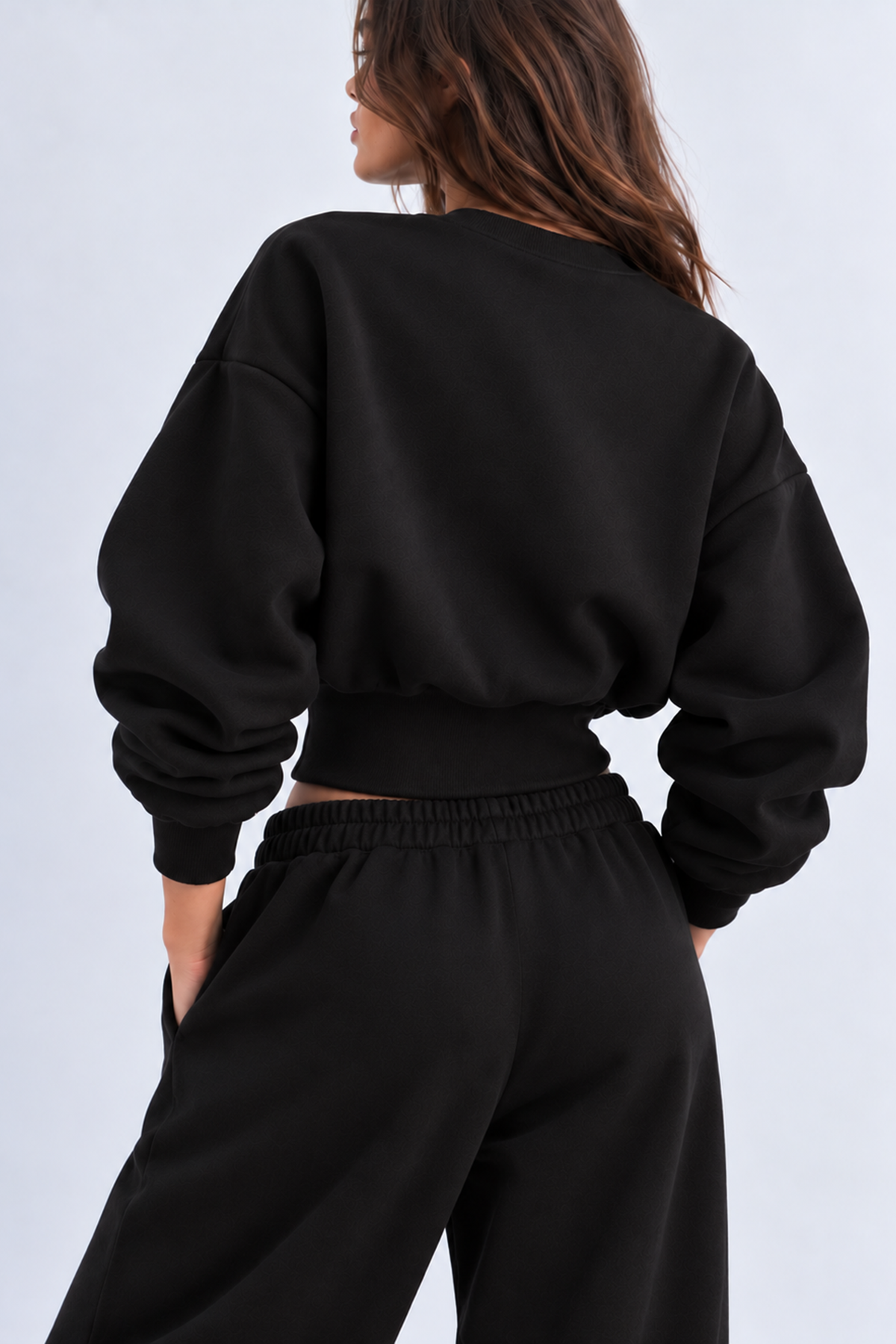 SİYAH 3 Iplik İçi Şardonlu Kuşaklı Crop Sweatshirt
