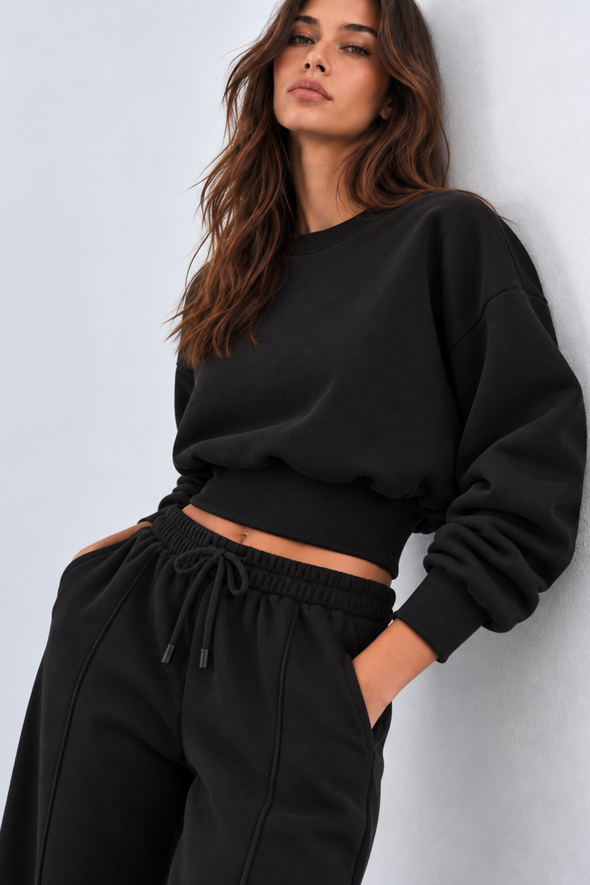 SİYAH 3 Iplik İçi Şardonlu Kuşaklı Crop Sweatshirt
