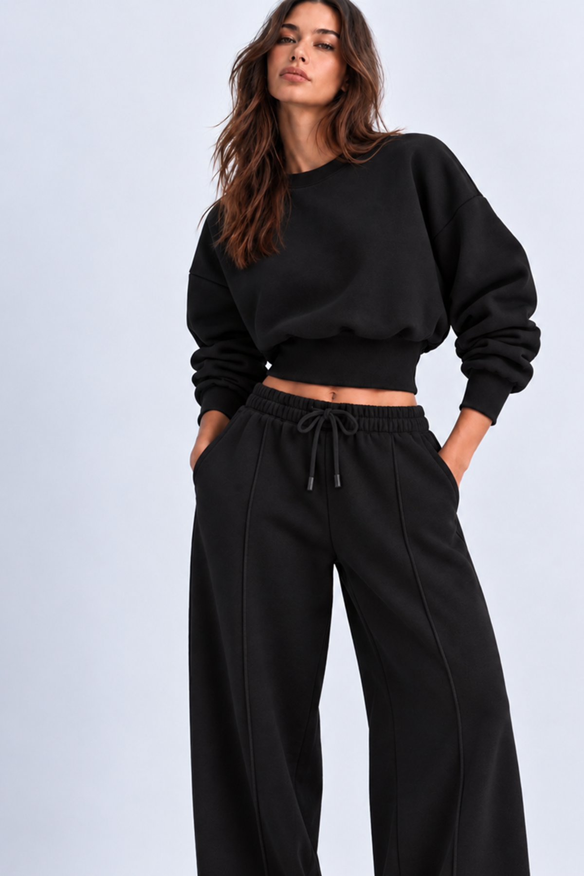 SİYAH 3 Iplik İçi Şardonlu Kuşaklı Crop Sweatshirt