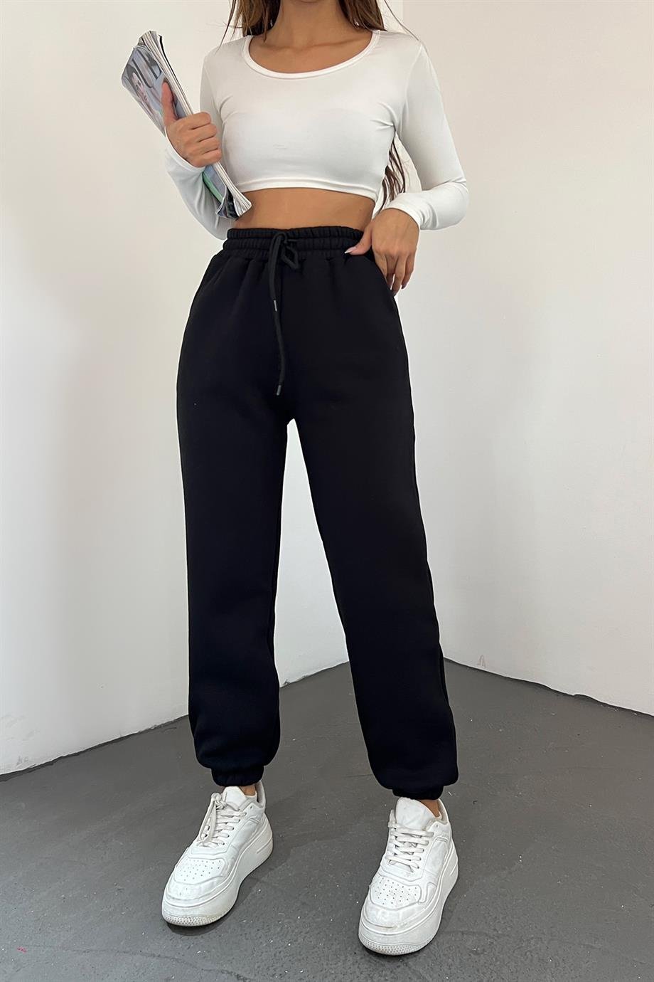 Siyah 3 İplik Polarlı Jogger Eşofman