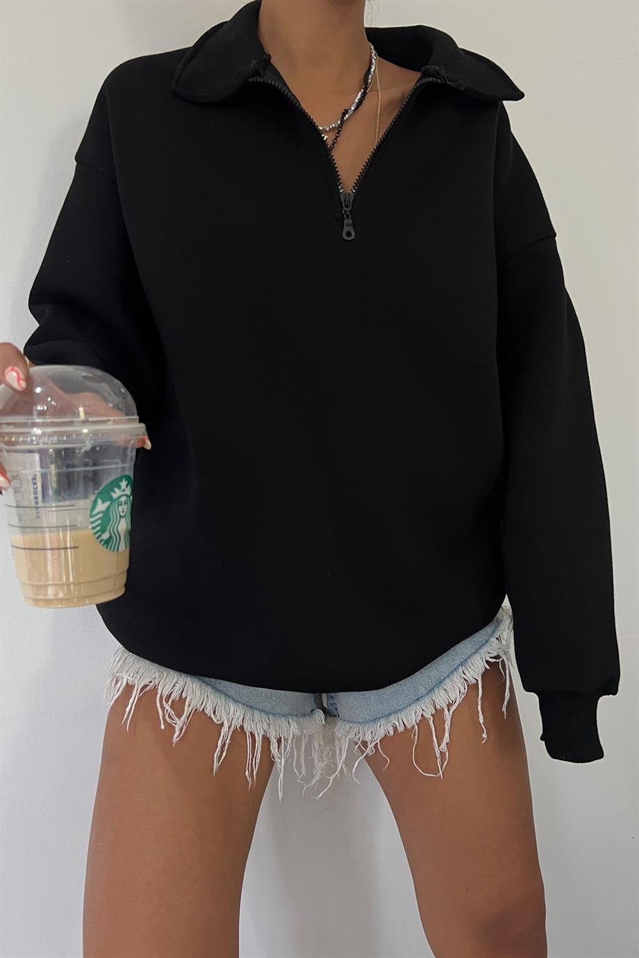 Siyah Fermuarlı Polo Yaka Sweat