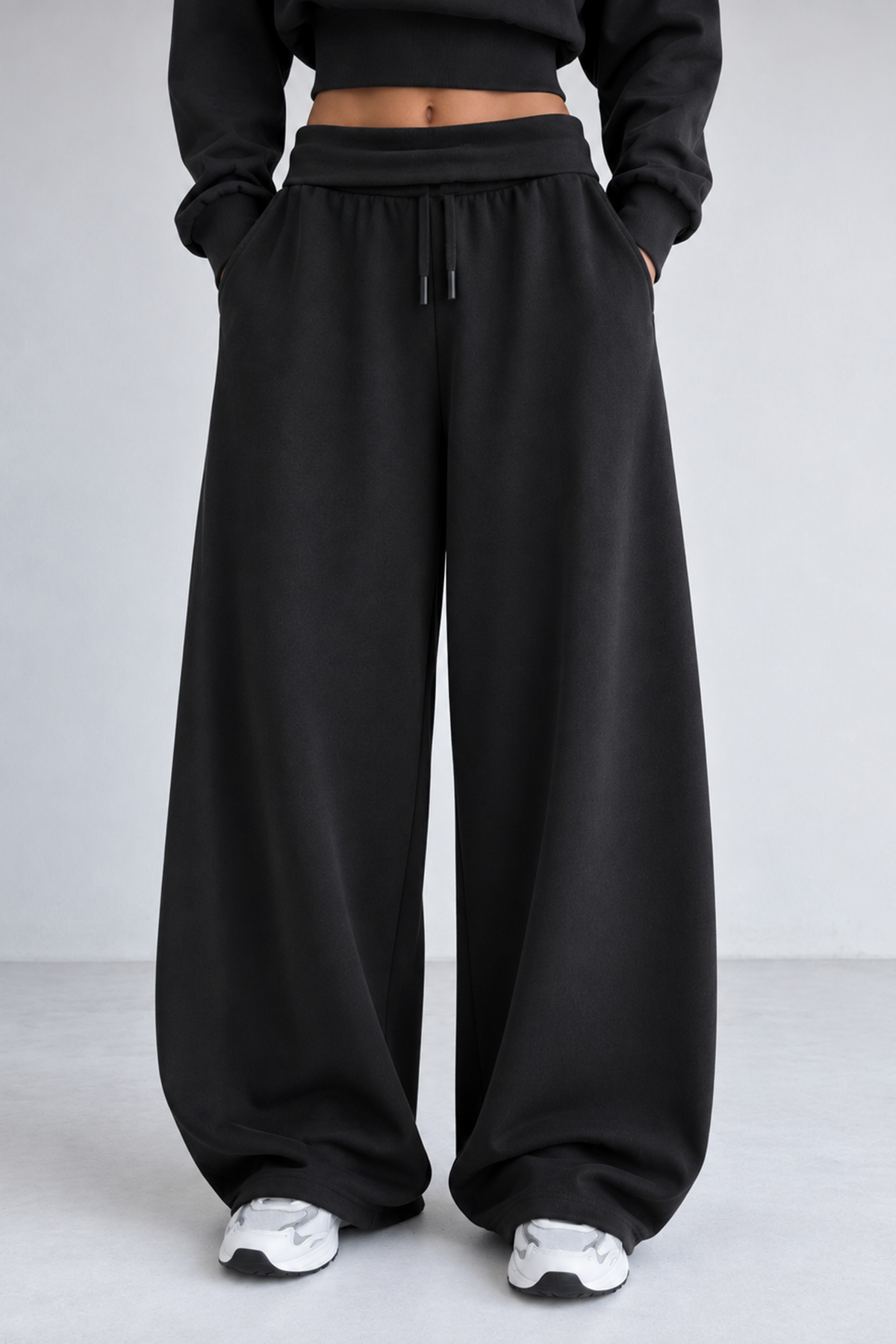 Siyah Kıvrık Bel Modal Oys Kumaş Yüksek Bel Oversize Eşofman Altı