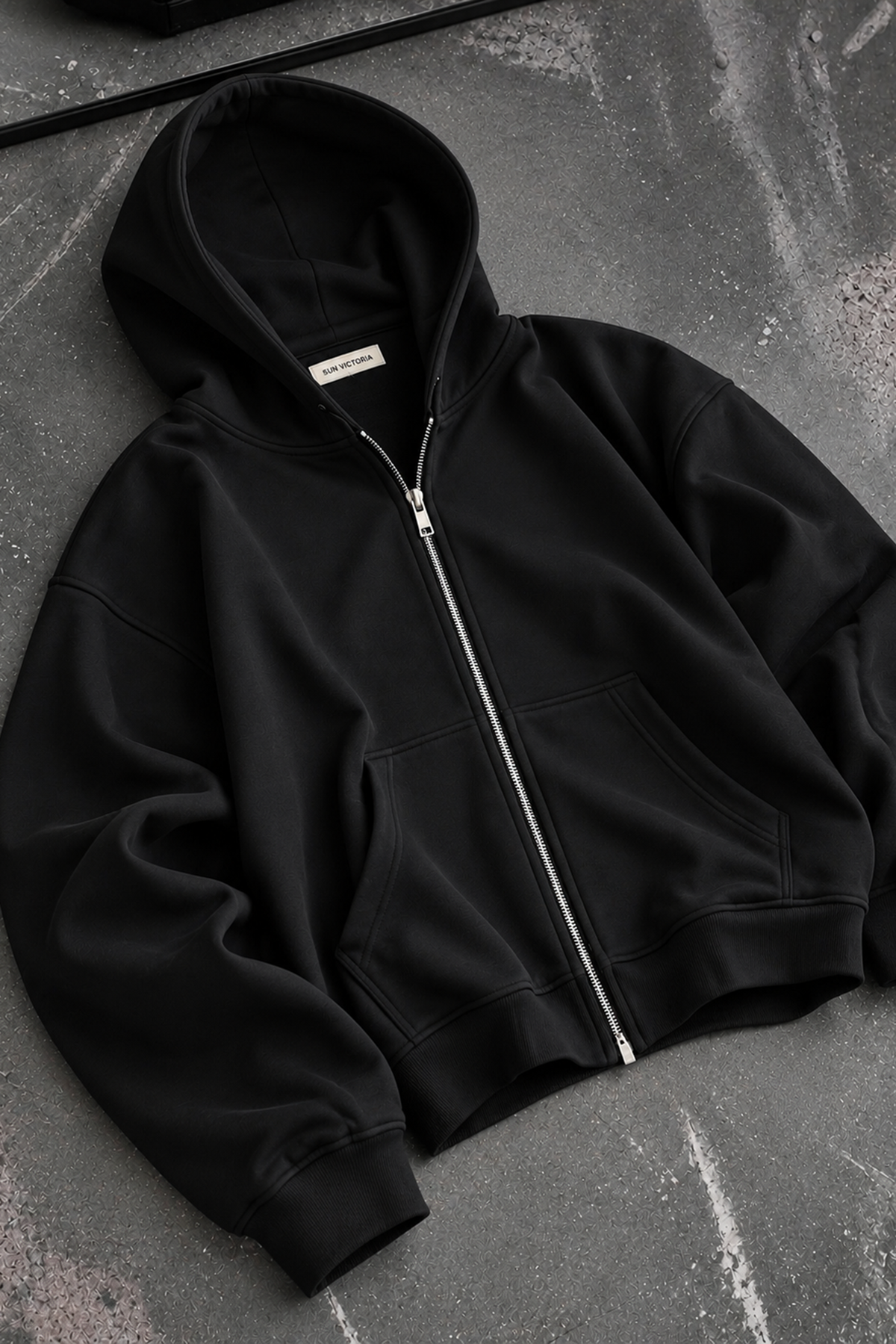 Siyah Modal Oys Kumaş Demir Fermuarlı Kapüşonlu Cepli Oversize Sweatshirt