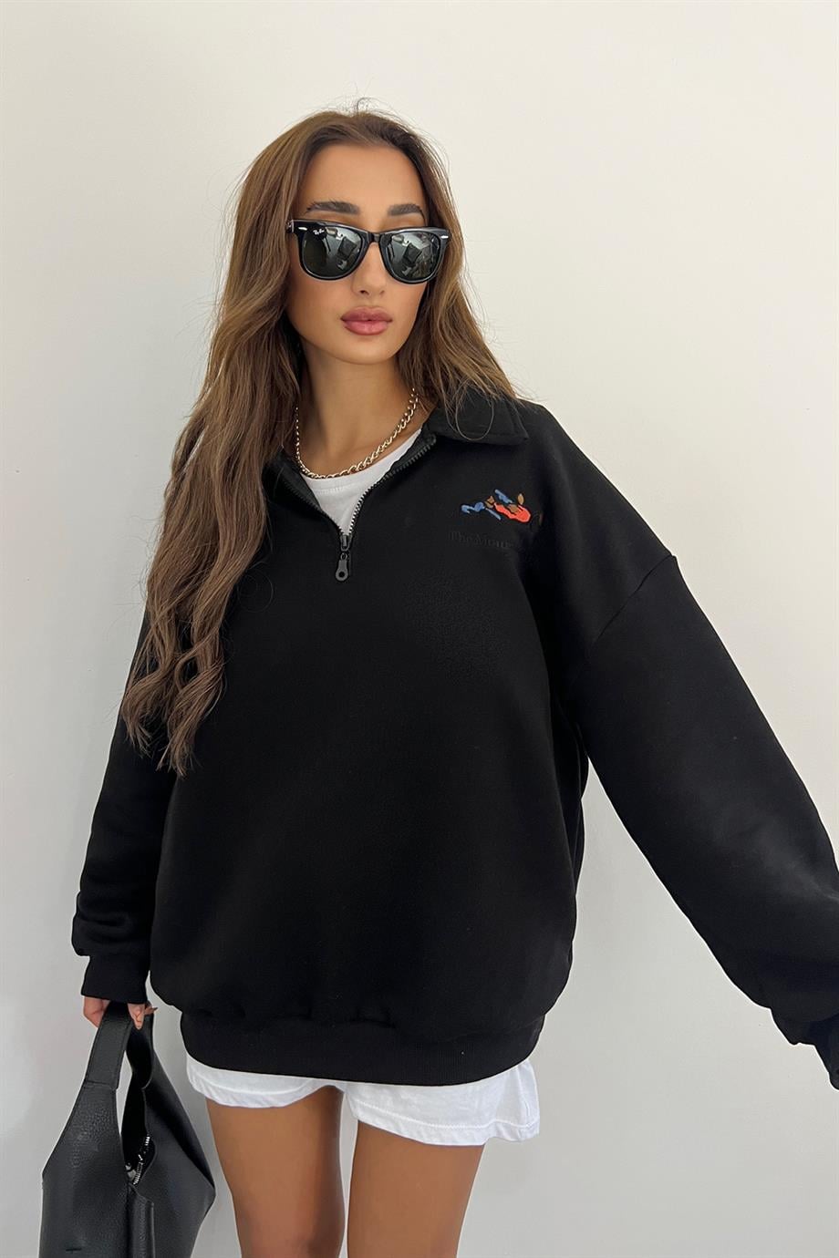 Siyah The Montein Park Baskılı Fermuarlı Polo Yaka 3 İplik Şardonlu Sweat