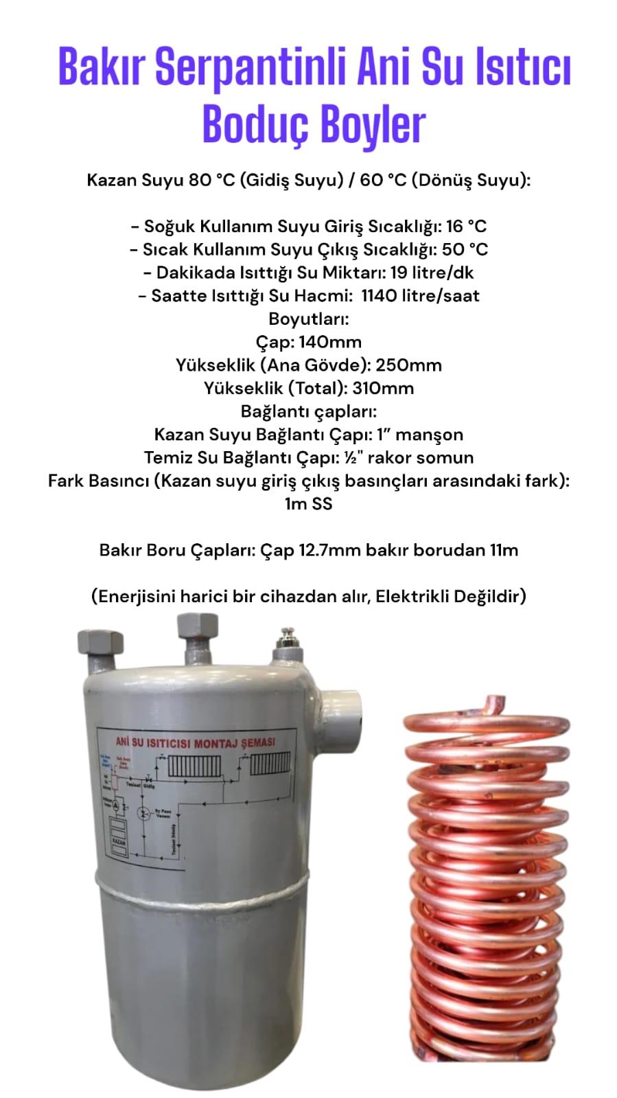 bakır serpantinli ani su ısıtıcı boduç boyler