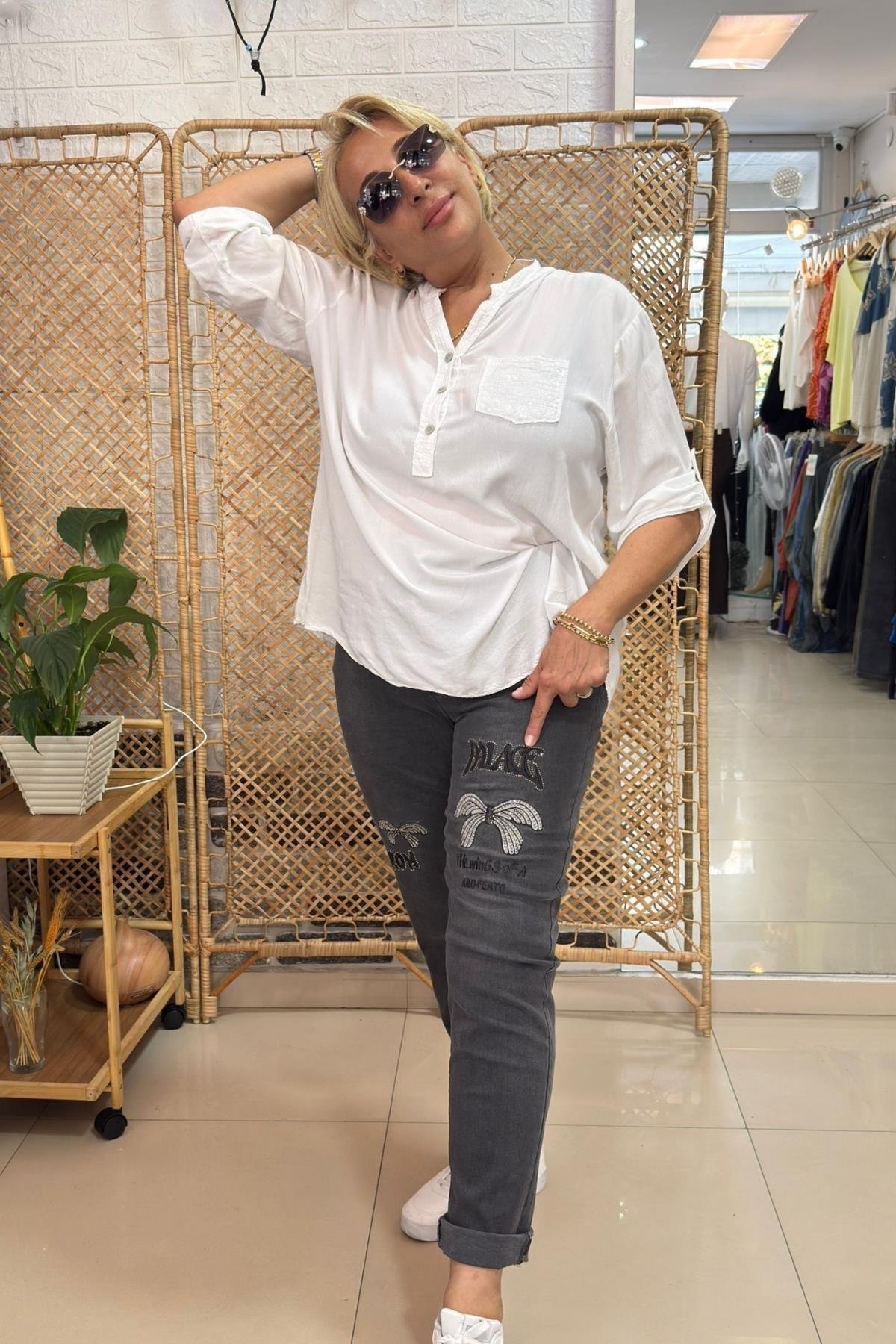 Taşlı, Beli Lastikli, Cepli Pantolon Gri