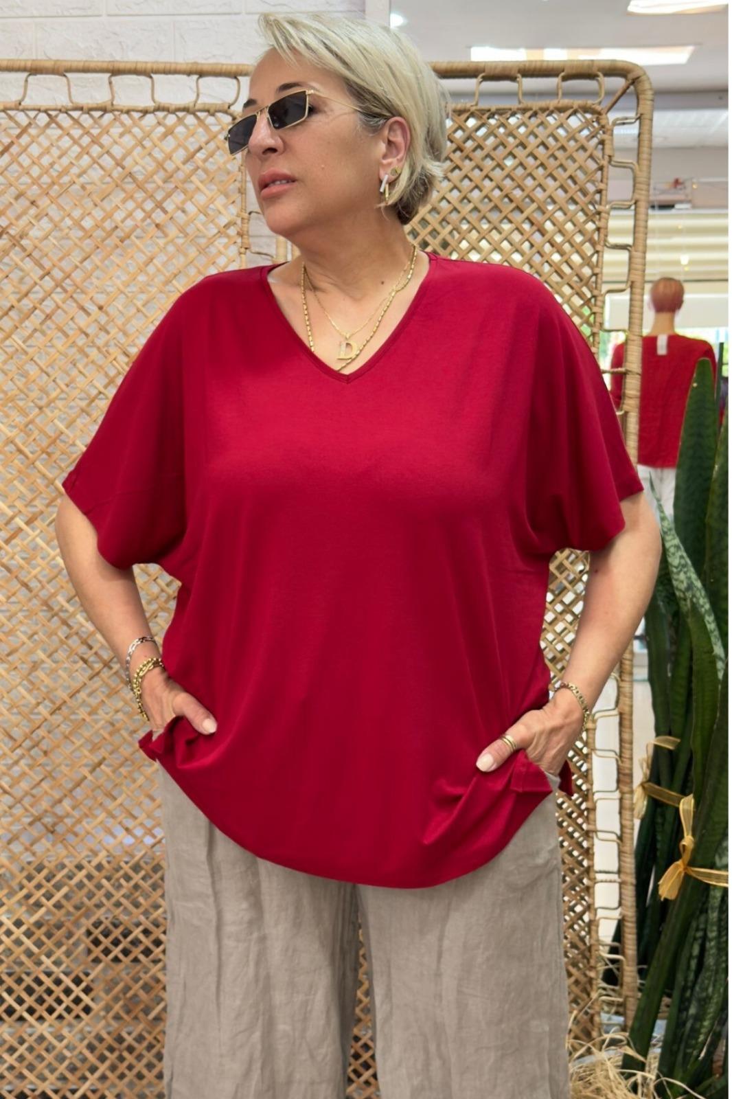 V Yaka Basic Bluz Bordo