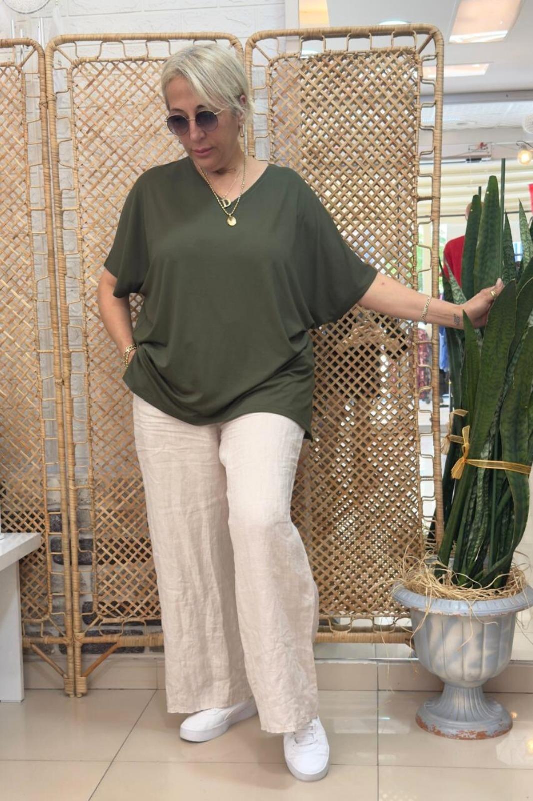 V Yaka Basic Bluz Haki