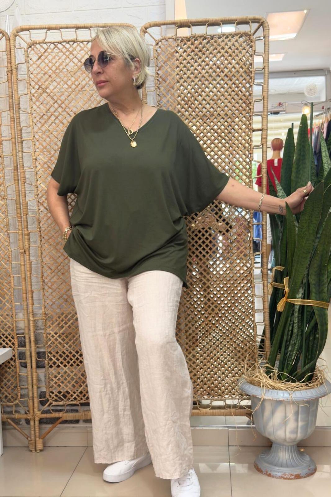 V Yaka Basic Bluz Haki