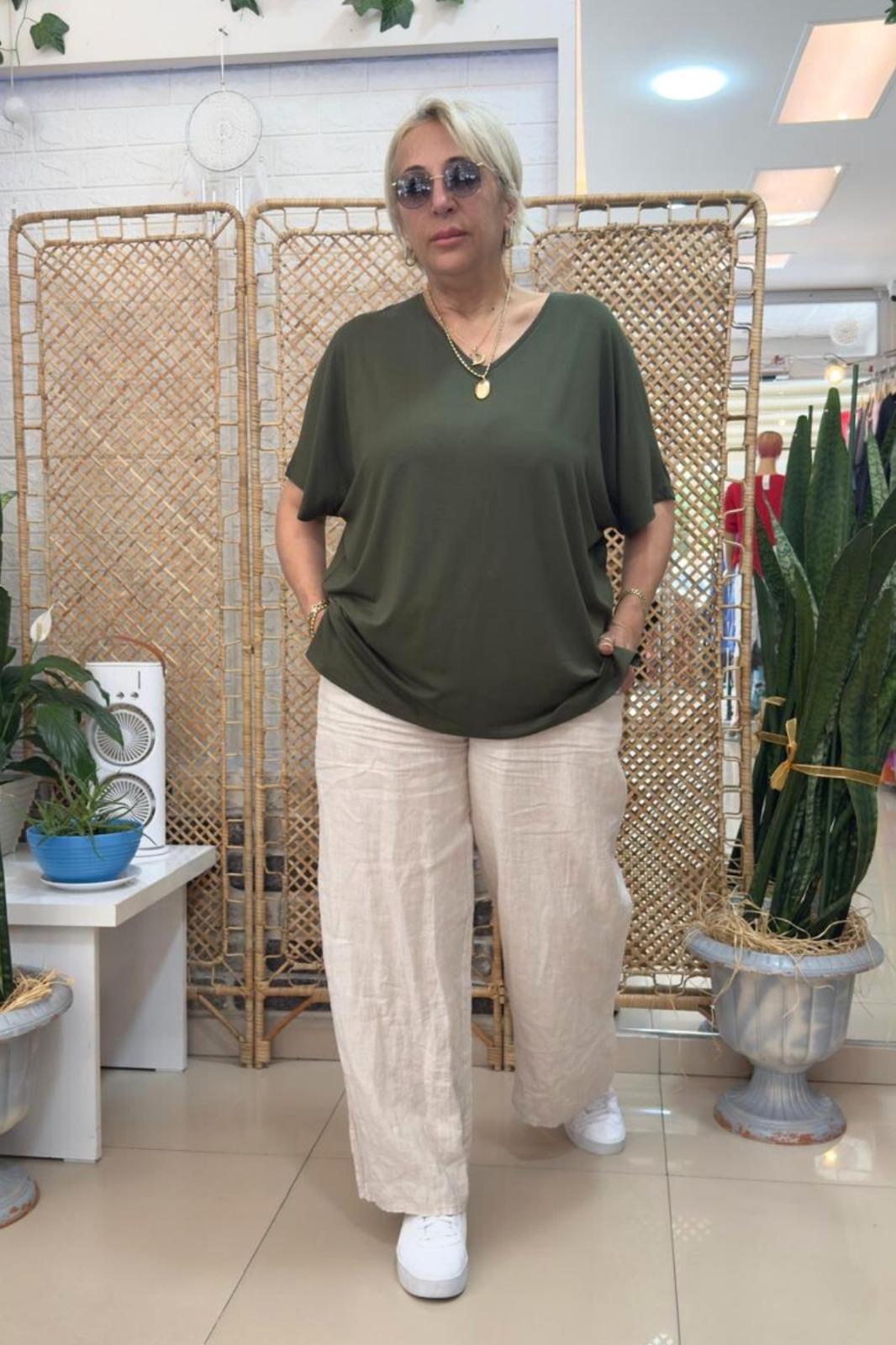 V Yaka Basic Bluz Haki