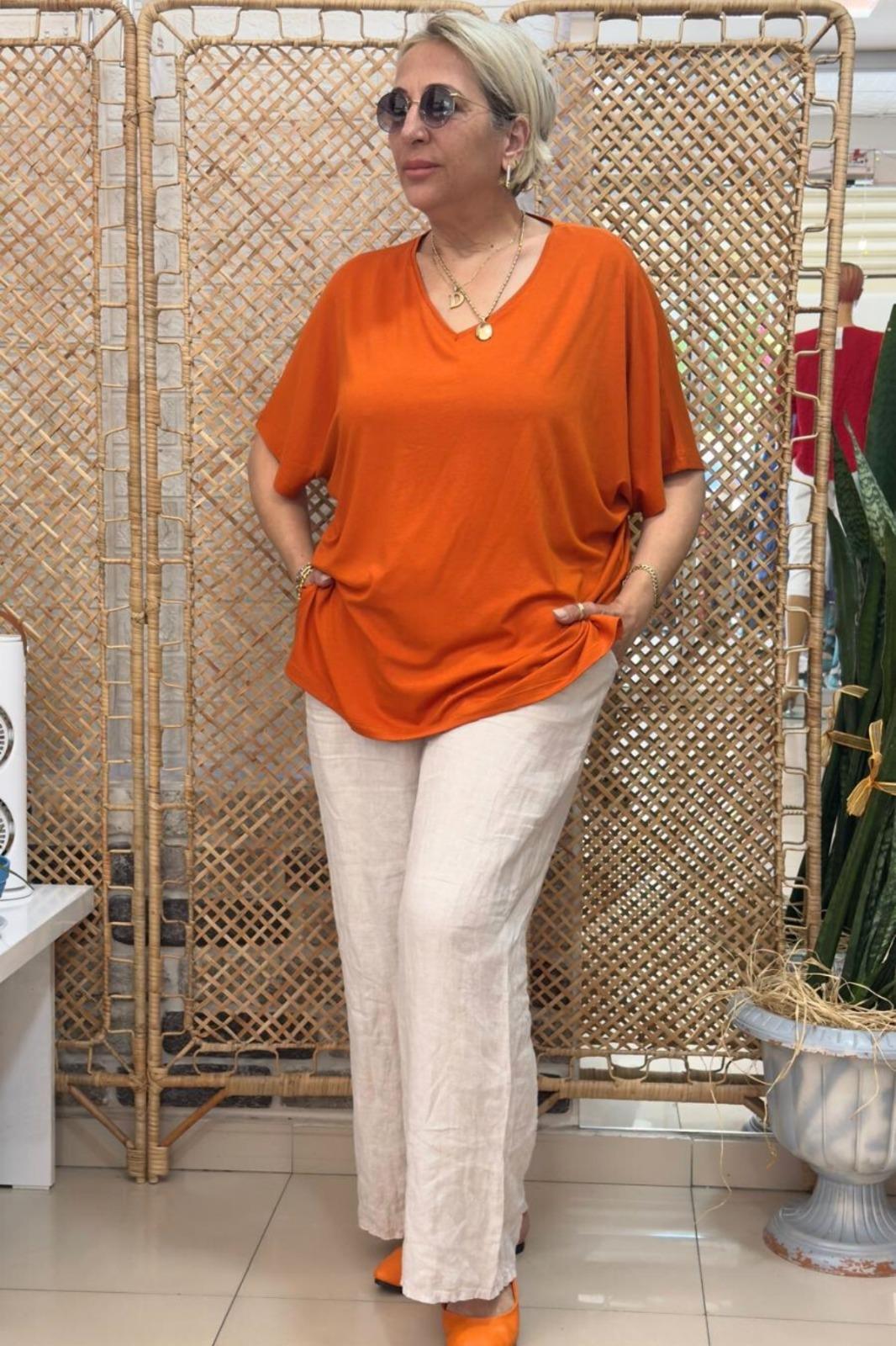 V Yaka Basic Bluz Kiremit