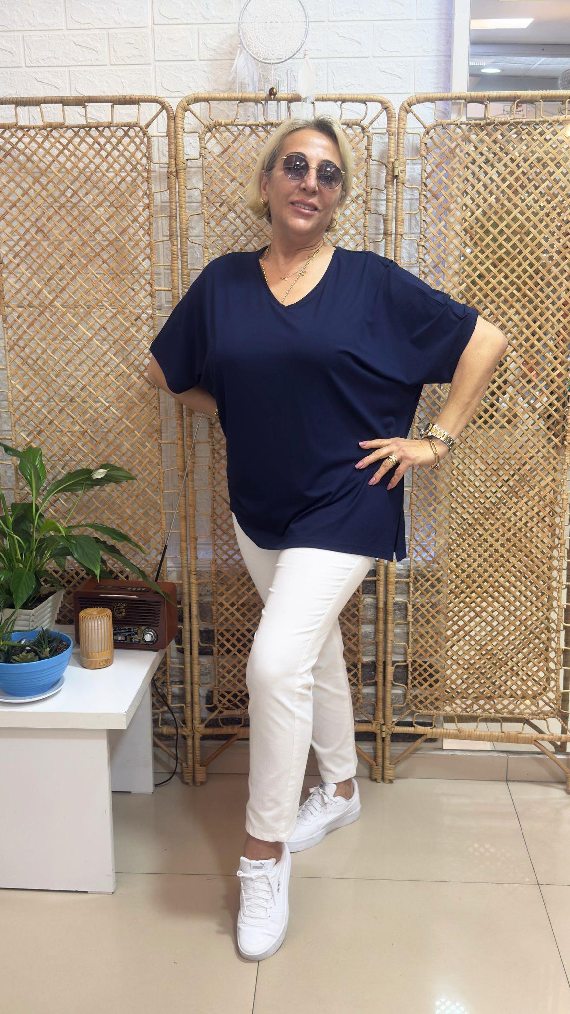 V Yaka Basic Bluz Koyu Lacivert 