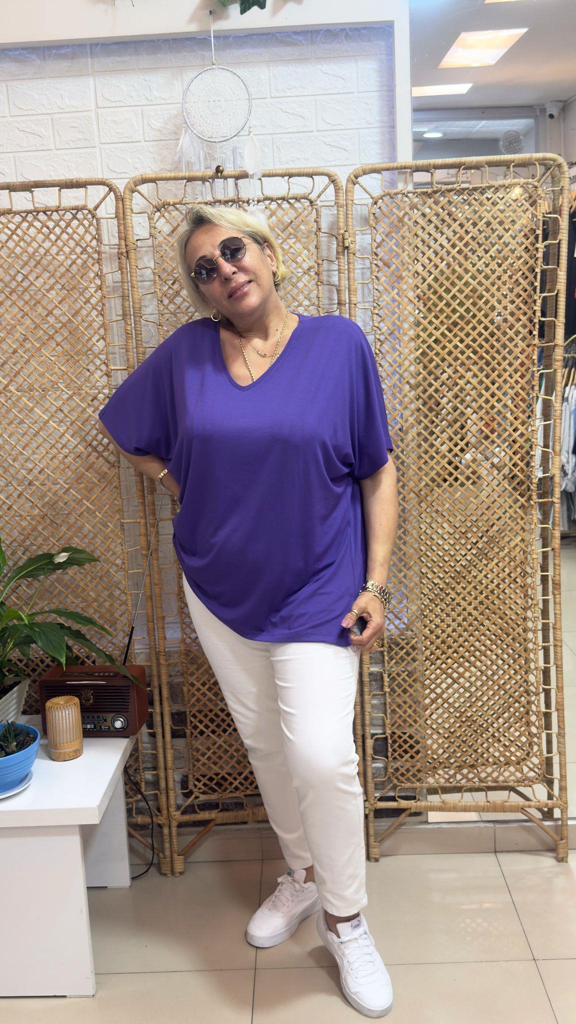 V Yaka Basic Bluz Koyu Mor