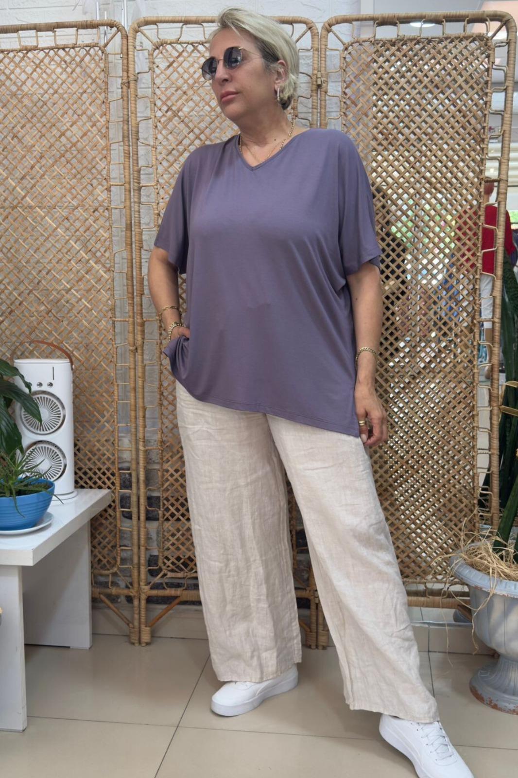 V Yaka Basic Bluz Lila