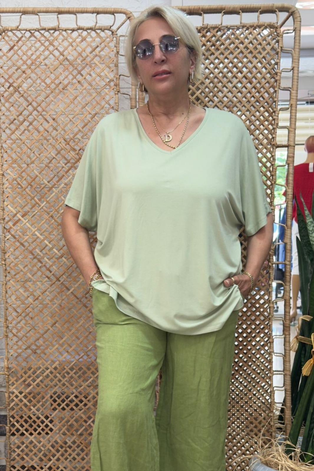 V Yaka Basic Bluz Yeşil