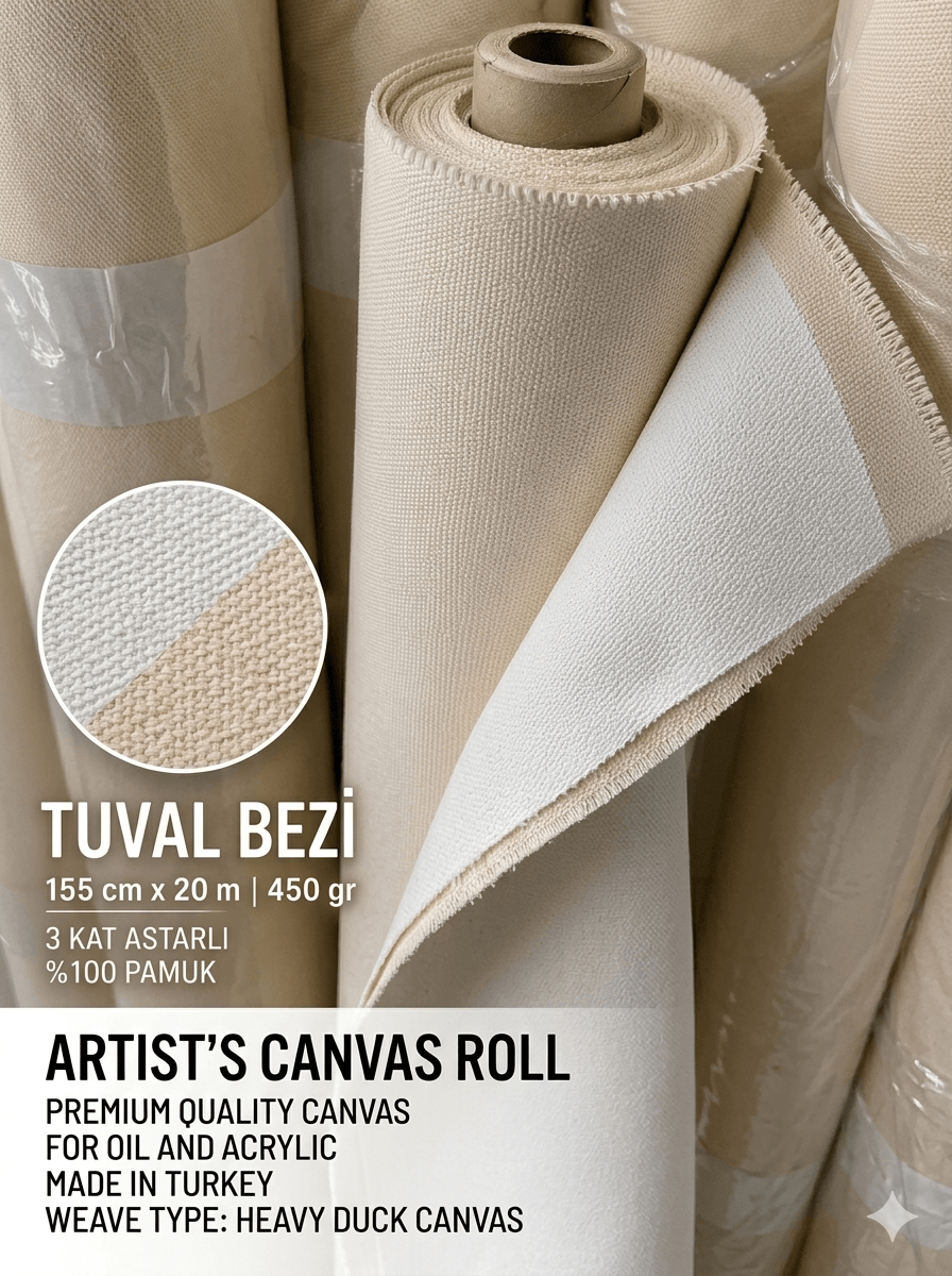 Ulutaş Sanat 155cm x 20m 450 gr kalın dokulu professional tuval bezi rulosu yüzde yüz pamuk