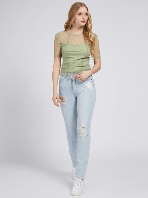 BİSİKLET YAKA DANTEL DETAYLI CROP BLUZ