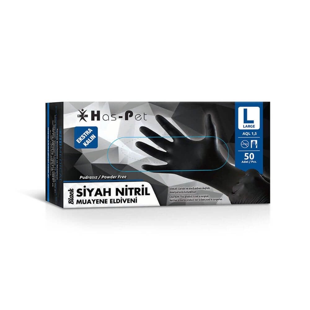 HasPet Extra Kalın Siyah Nitril Eldiven Pudrasız 50li Paket Large
