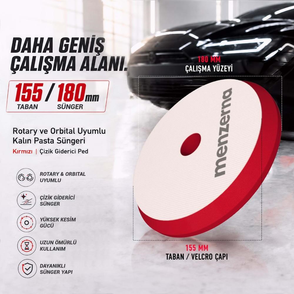 MENZERNA Kalın Pasta Süngeri 155/180mm - Kırmızı | Rotary ve Orbital Uyumlu Çizik Giderici Ped
