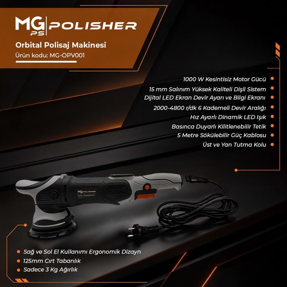 MG PS OPV001 Orbital Polisaj Makinesi 125mm 1000W | 15mm Eksantrik Salınım & Dijital LED Ekran