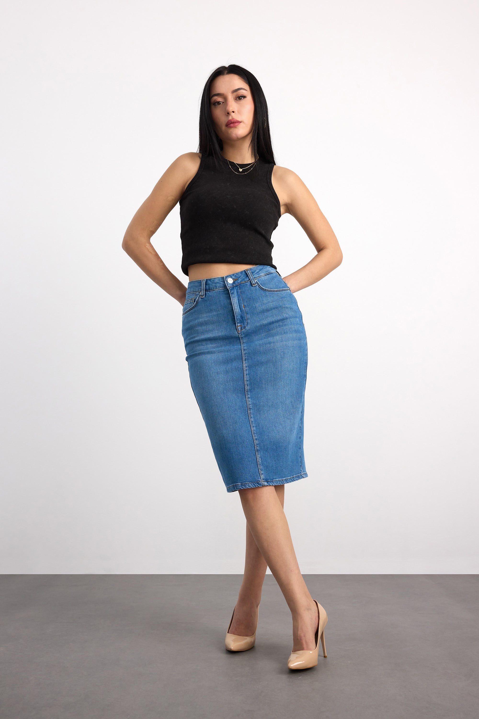 50286 73604 KADIN REGULAR FIT MIDI DENİM ETEK 50286-73604