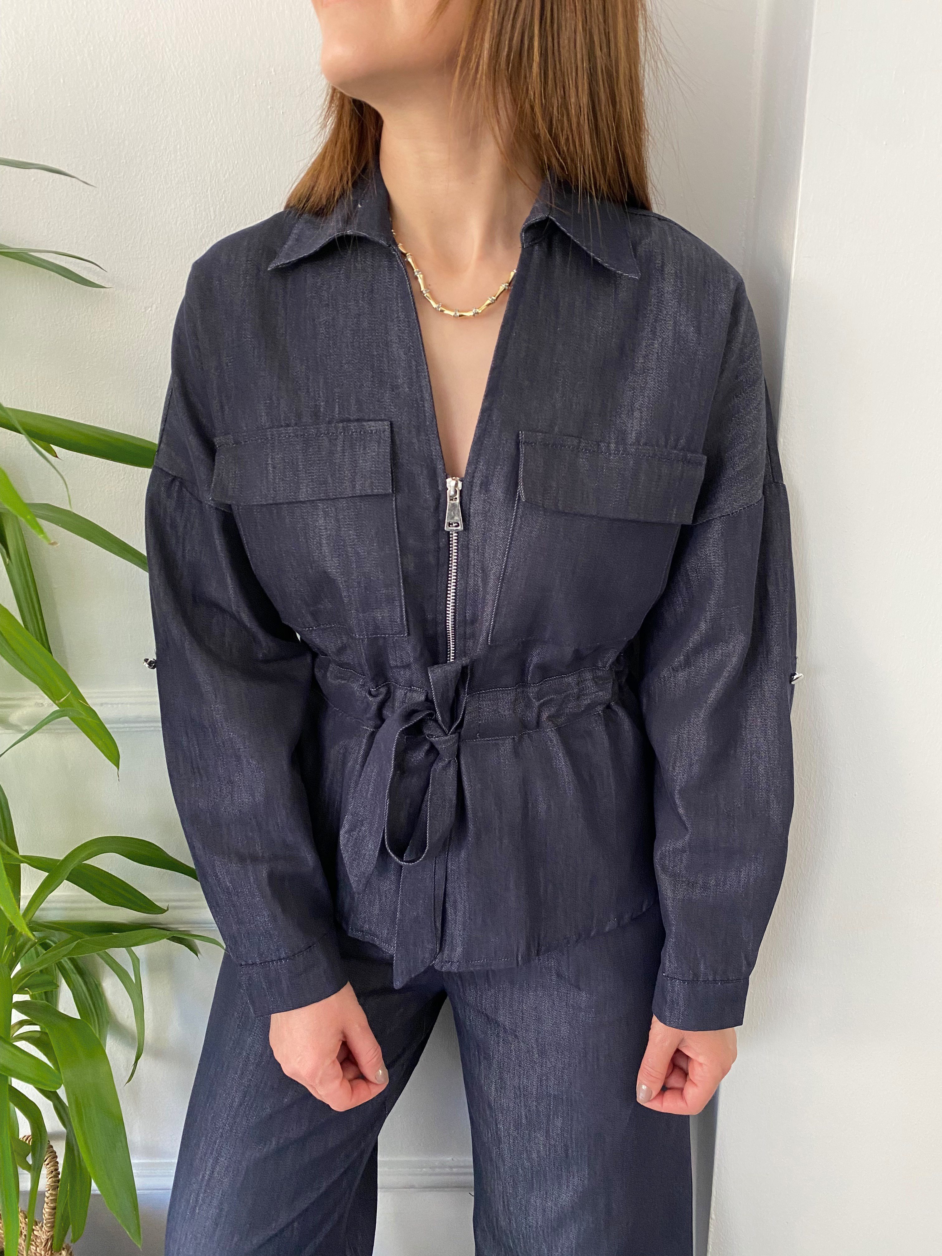Beli Kordonlu Tensel Denim Takım Lacivert