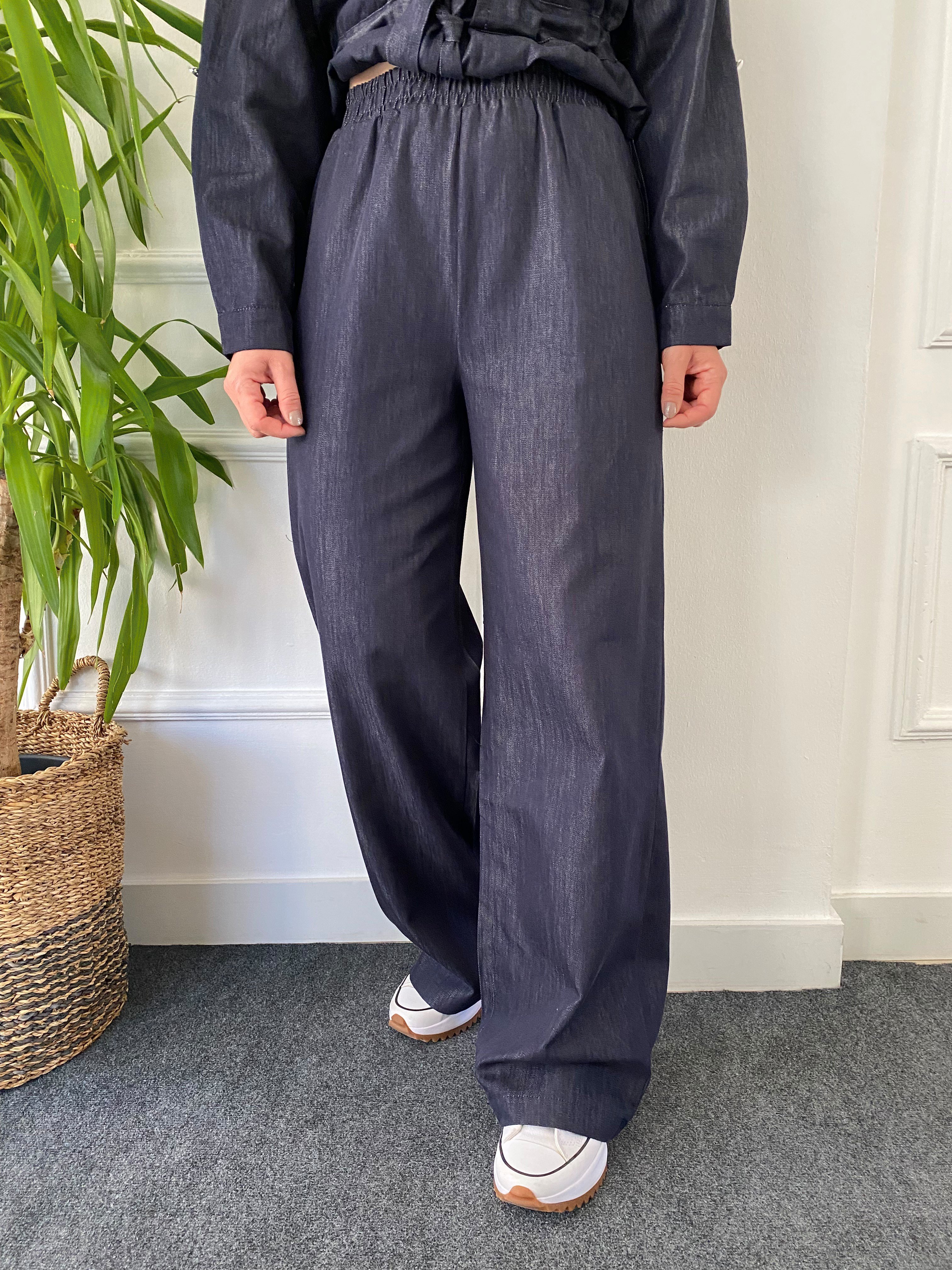 Beli Kordonlu Tensel Denim Takım Lacivert