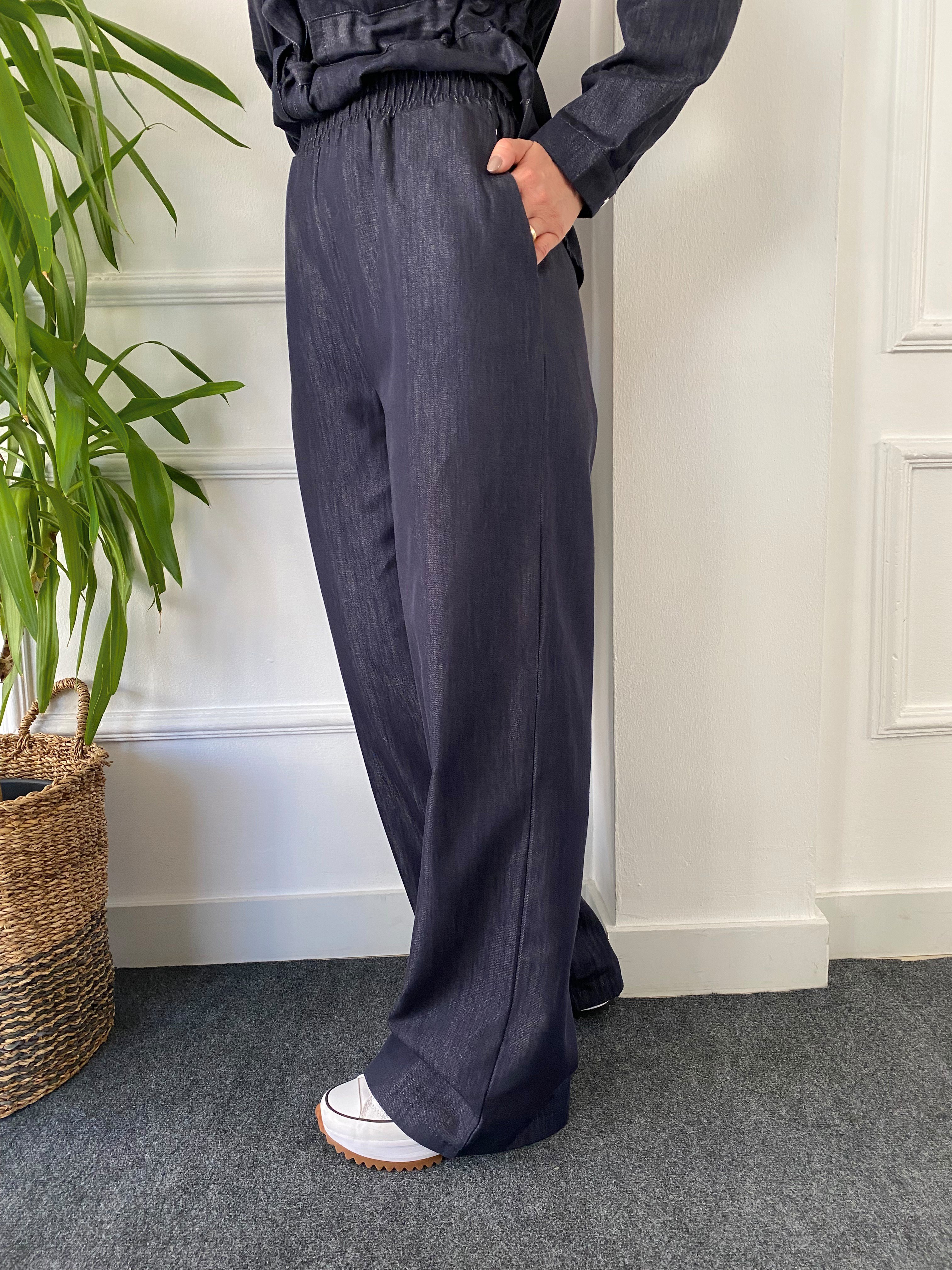 Beli Kordonlu Tensel Denim Takım Lacivert