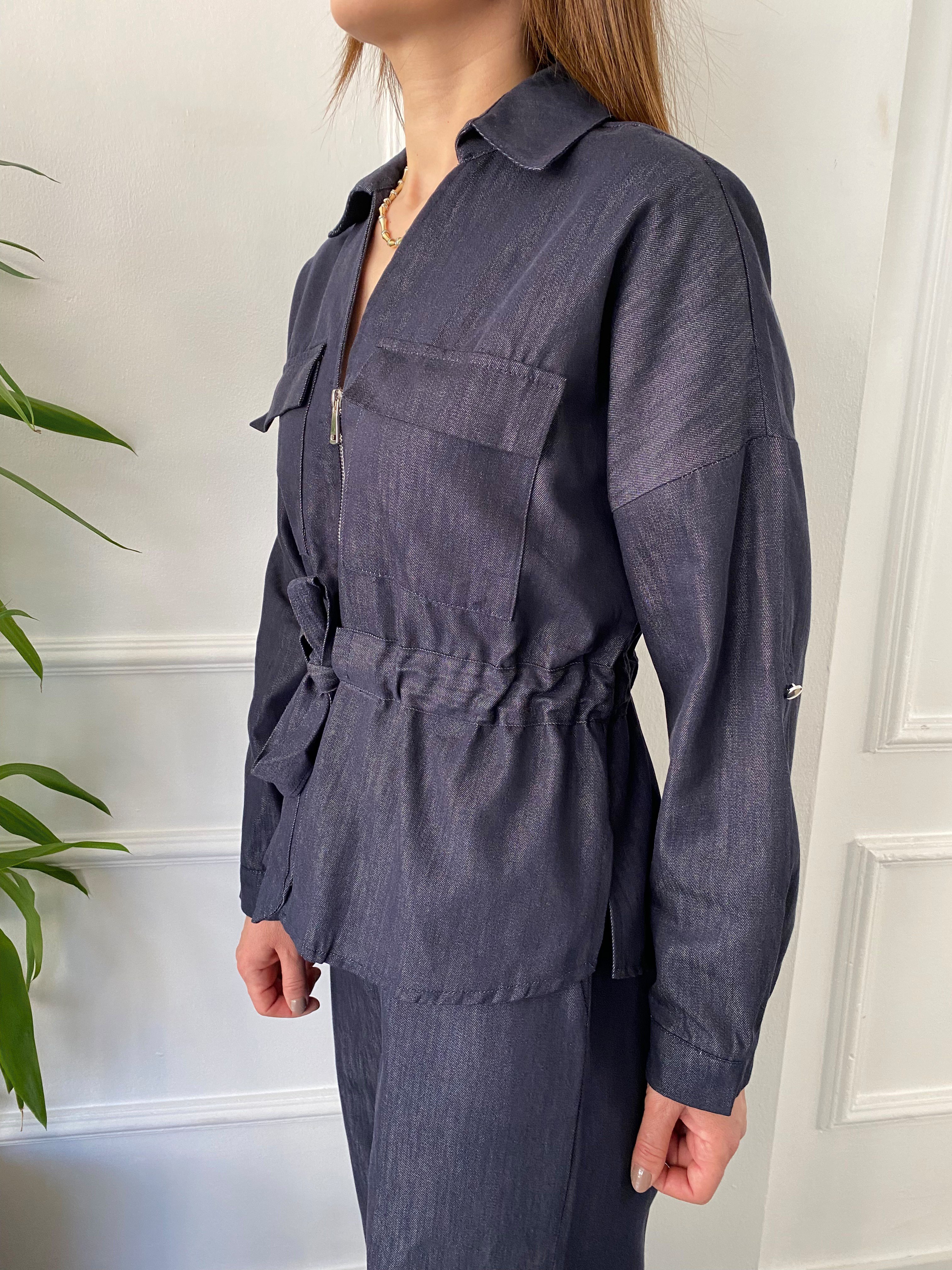 Beli Kordonlu Tensel Denim Takım Lacivert
