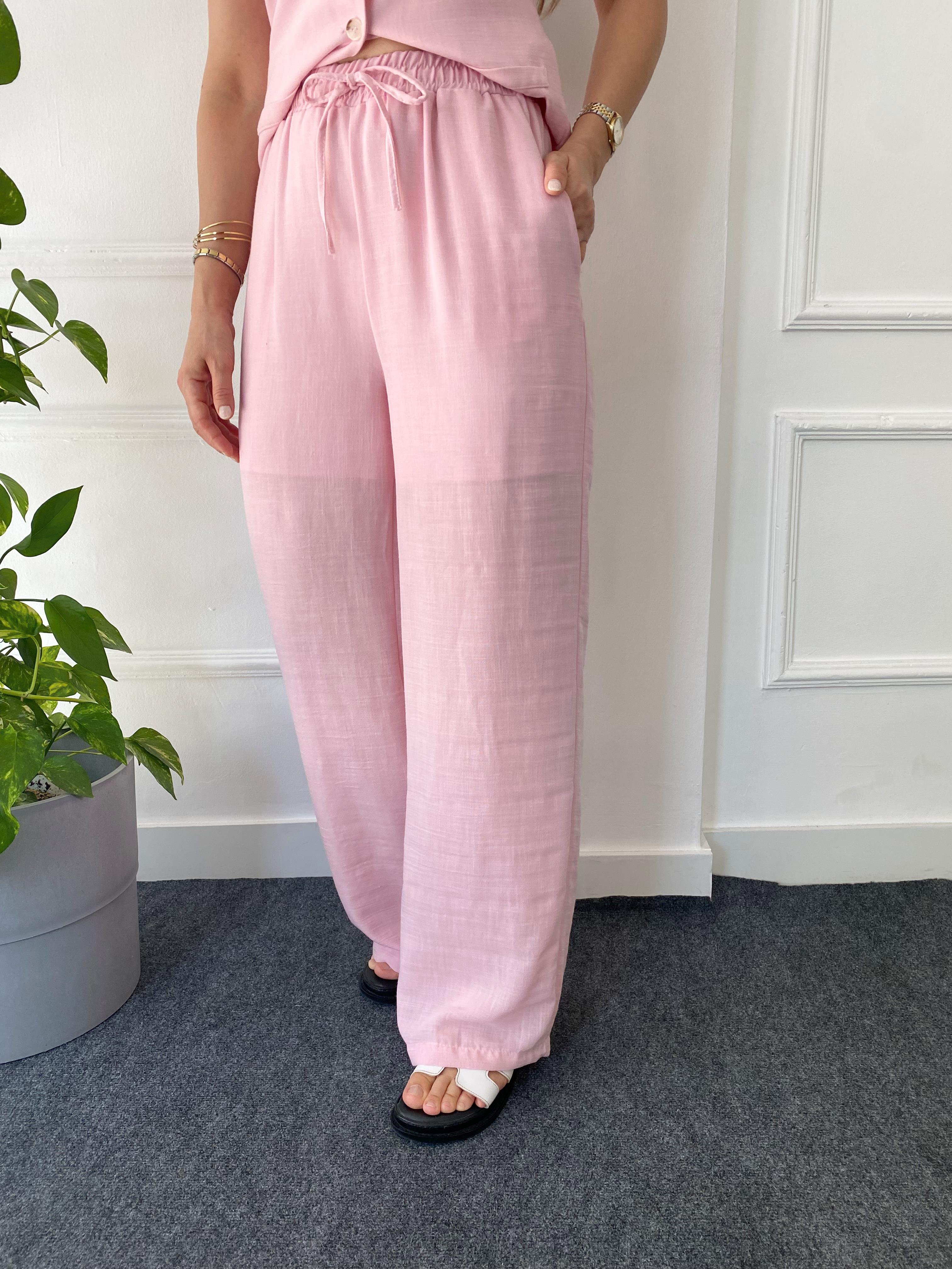 Beli Lastikli Bol Paça Yelekli Takım Şeker Pembe