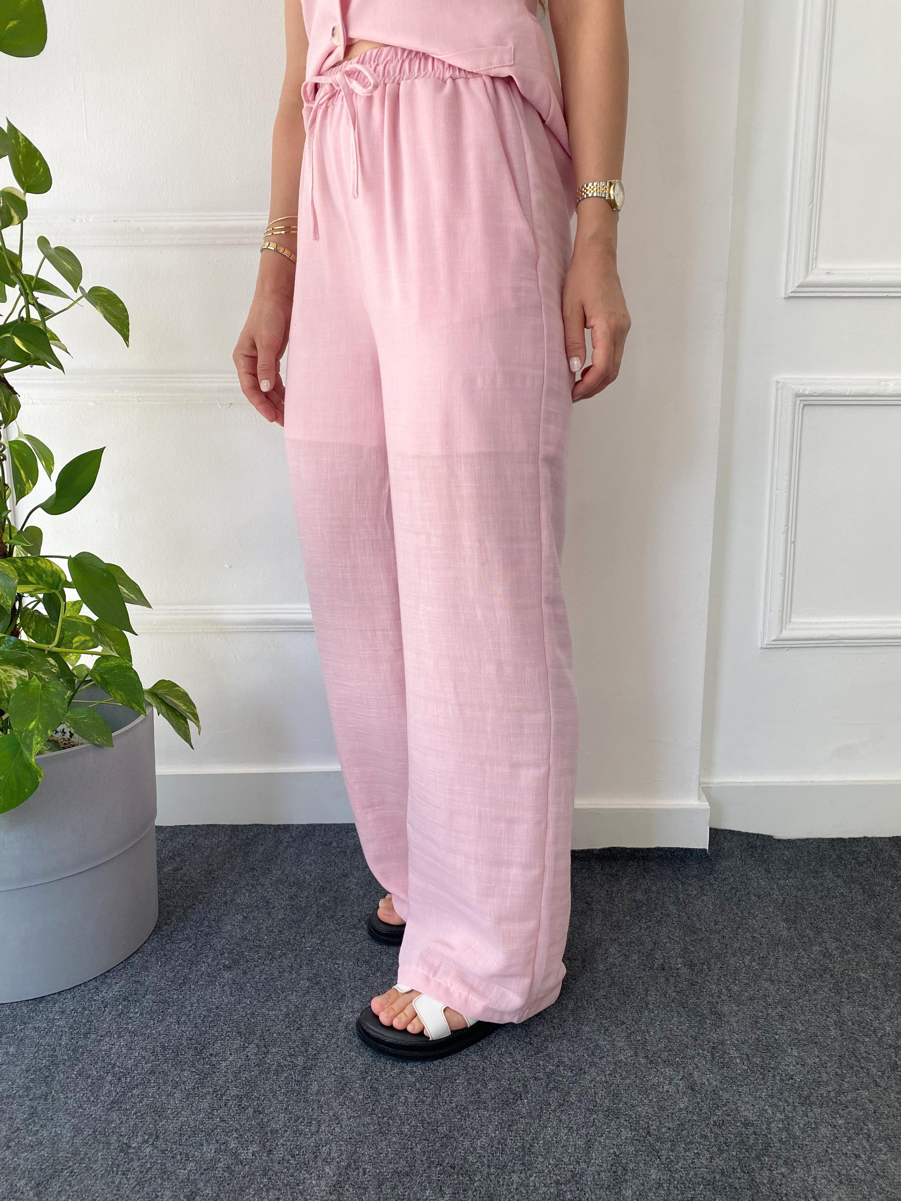 Beli Lastikli Bol Paça Yelekli Takım Şeker Pembe