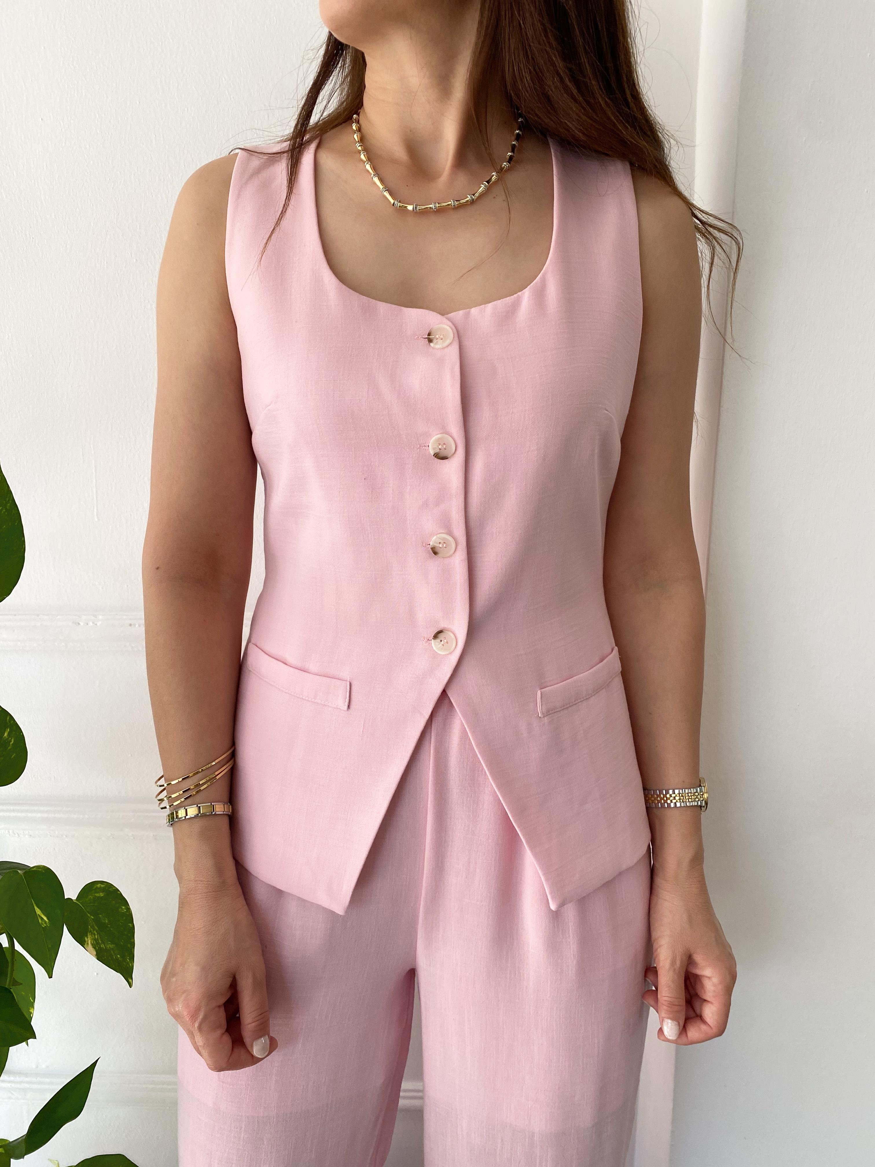 Beli Lastikli Bol Paça Yelekli Takım Şeker Pembe