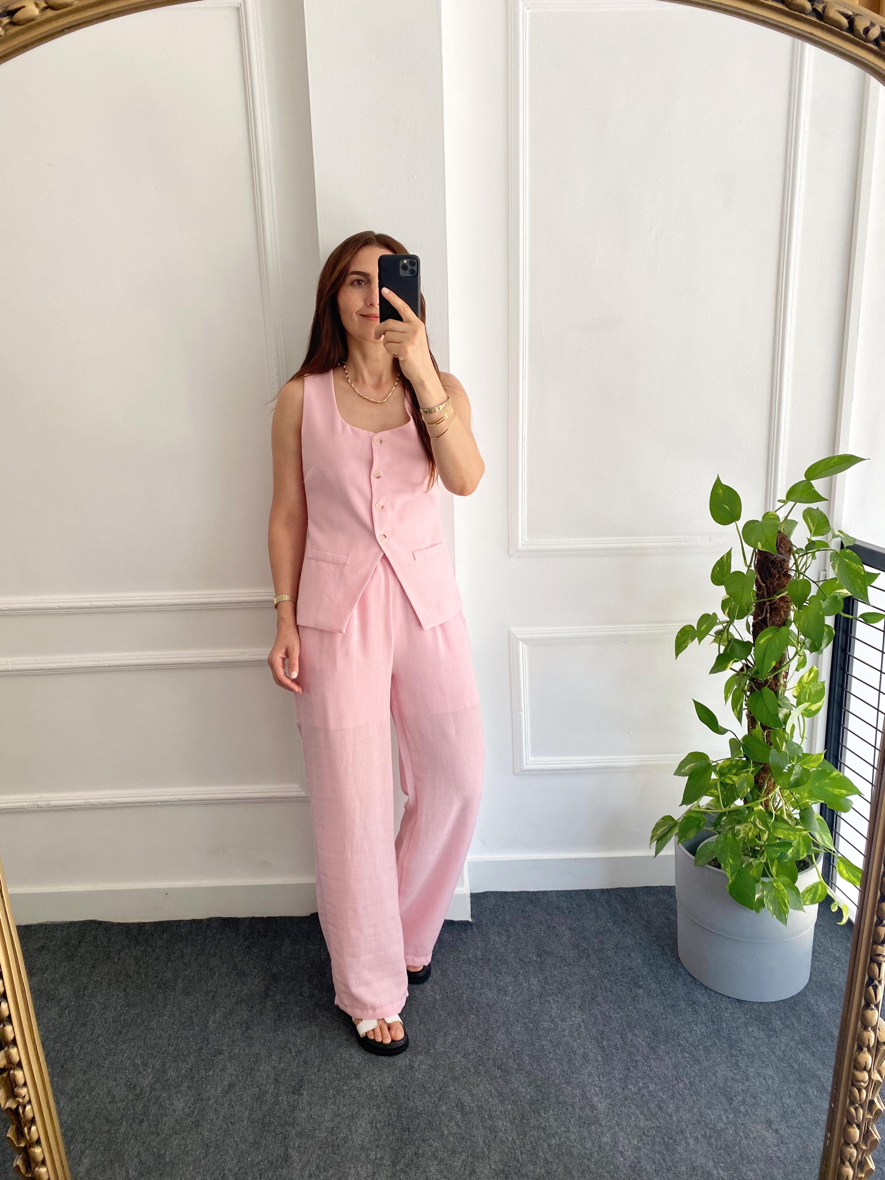 Beli Lastikli Bol Paça Yelekli Takım Şeker Pembe