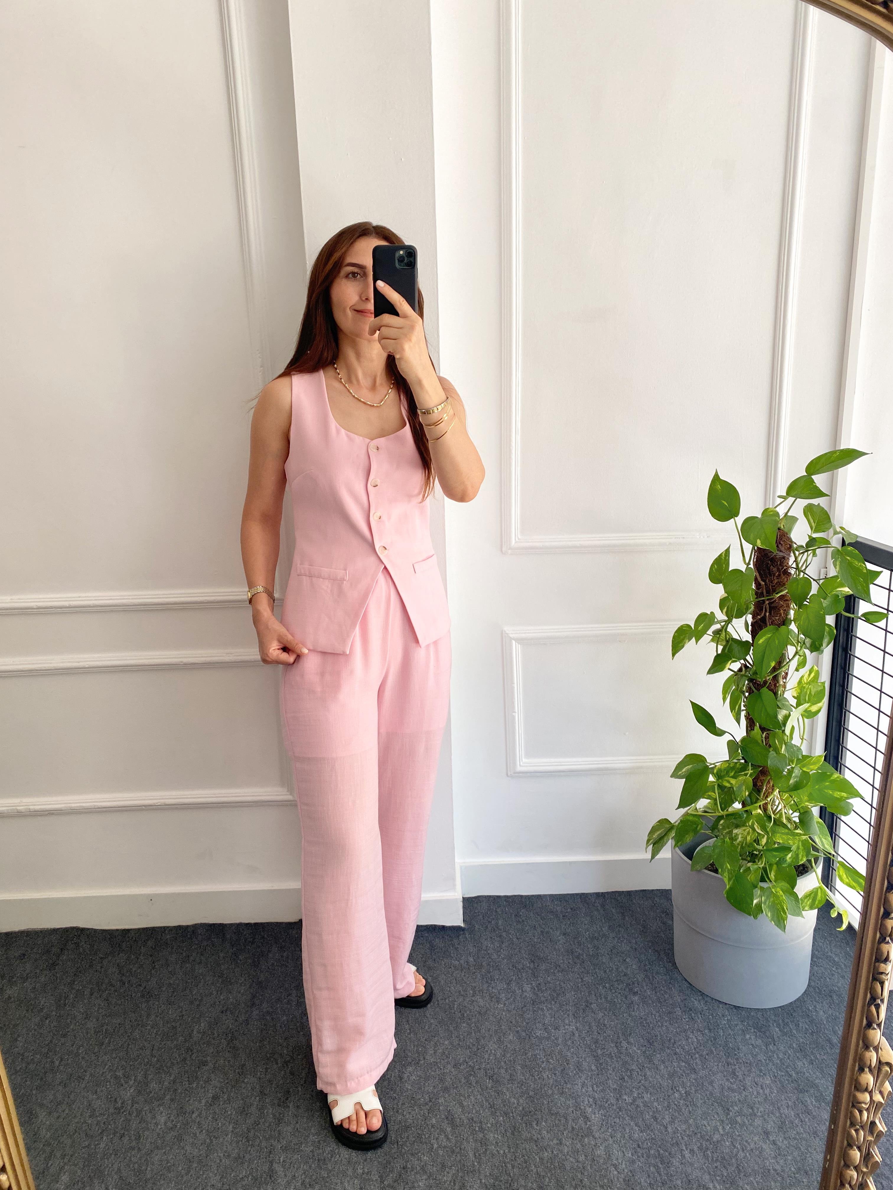 Beli Lastikli Bol Paça Yelekli Takım Şeker Pembe