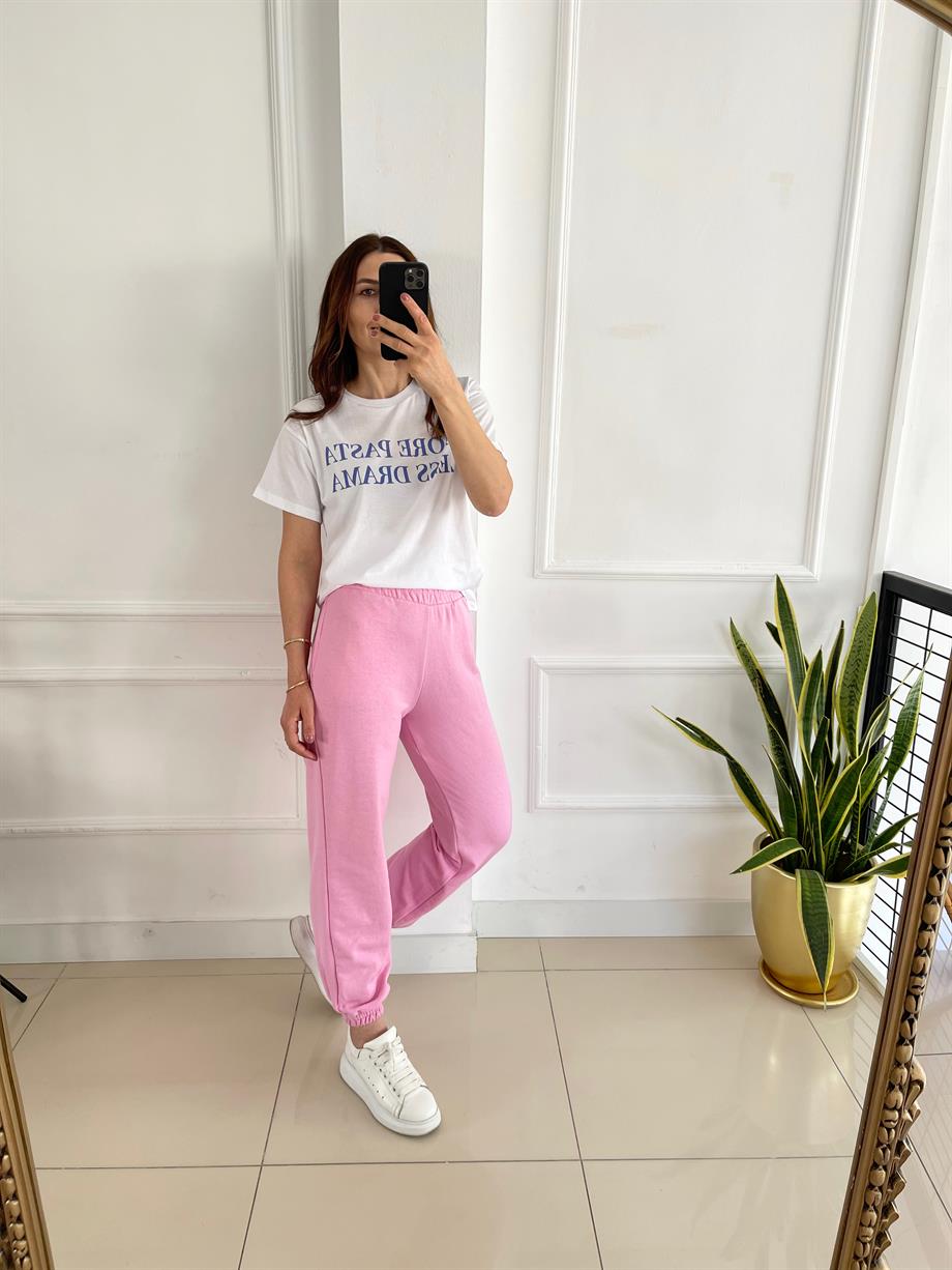Beli Lastikli Eşofman Altı Pembe