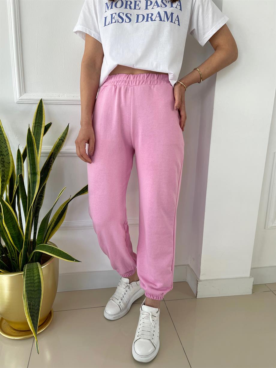 Beli Lastikli Eşofman Altı Pembe