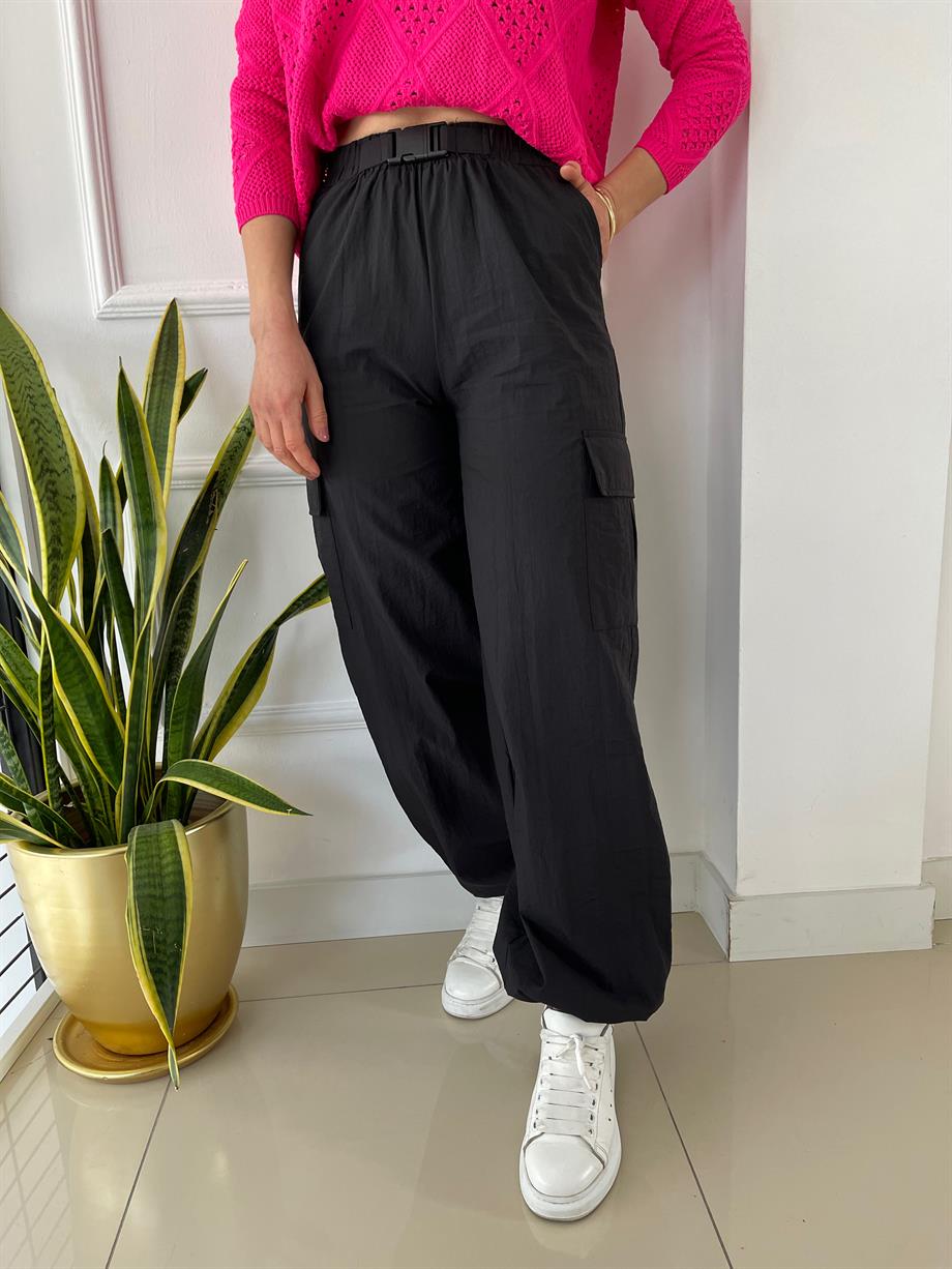 Beli Lastikli Kargo Cep Paraşüt Pantolon Siyah