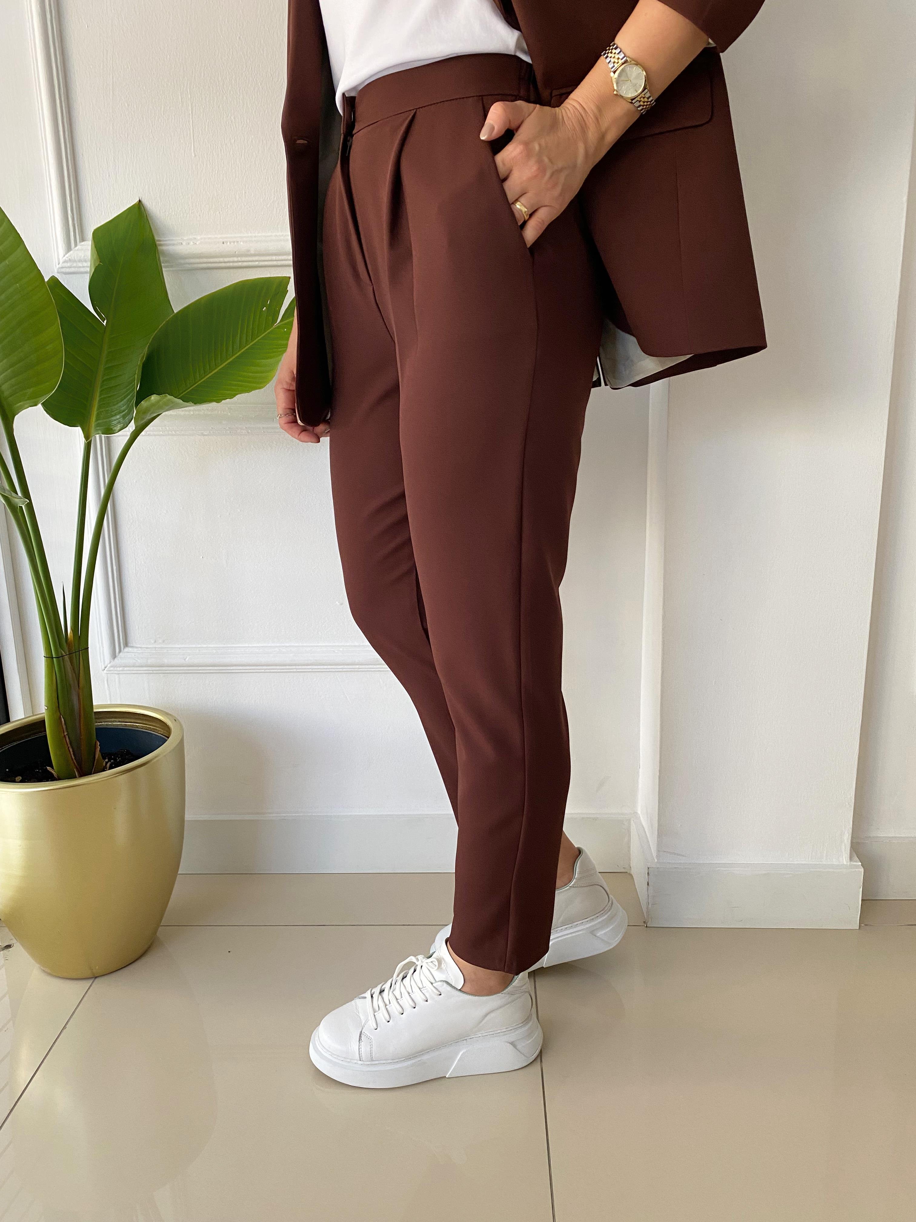 Beli Lastikli Kumaş Pantolon Kahve