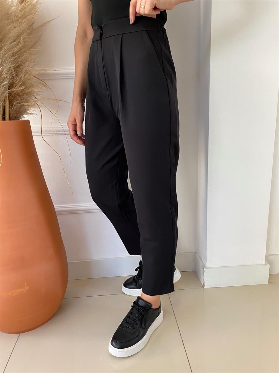 Beli Lastikli Kumaş Pantolon Siyah