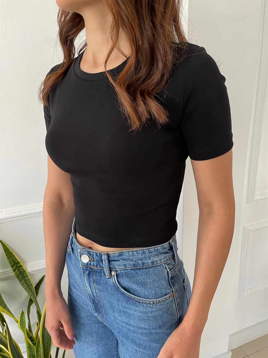 Bisiklet Yaka Crop Tişort Siyah