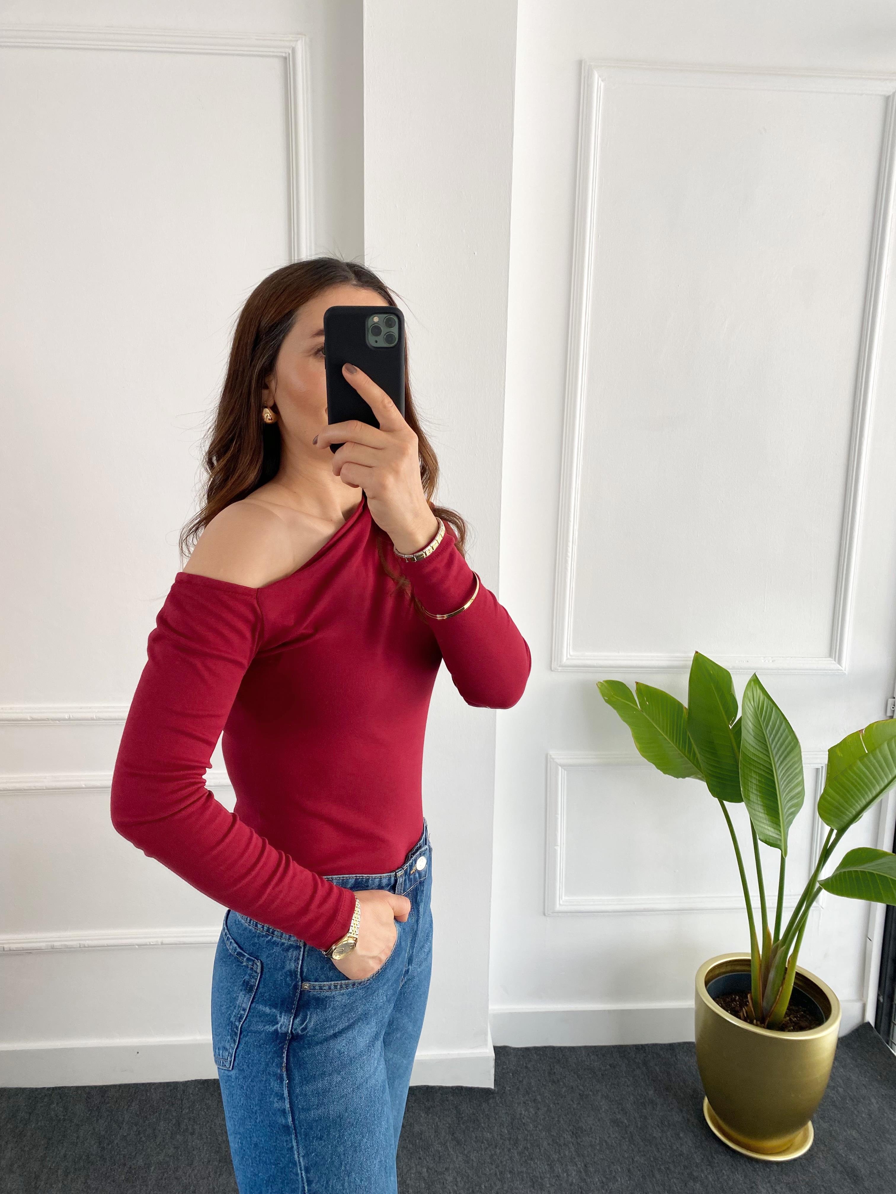 Çapraz Yakalı Uzun Kol Body Bordo