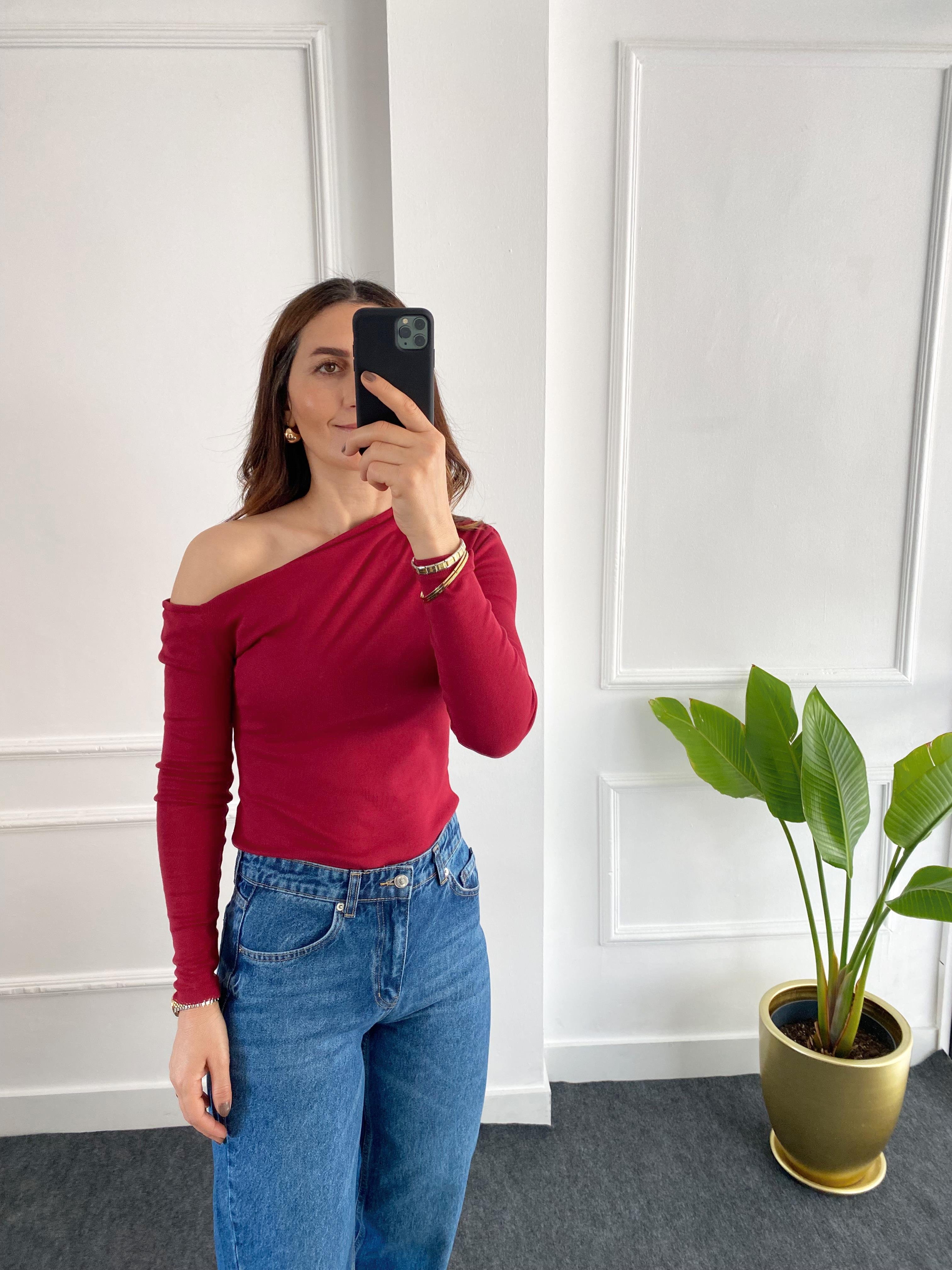 Çapraz Yakalı Uzun Kol Body Bordo