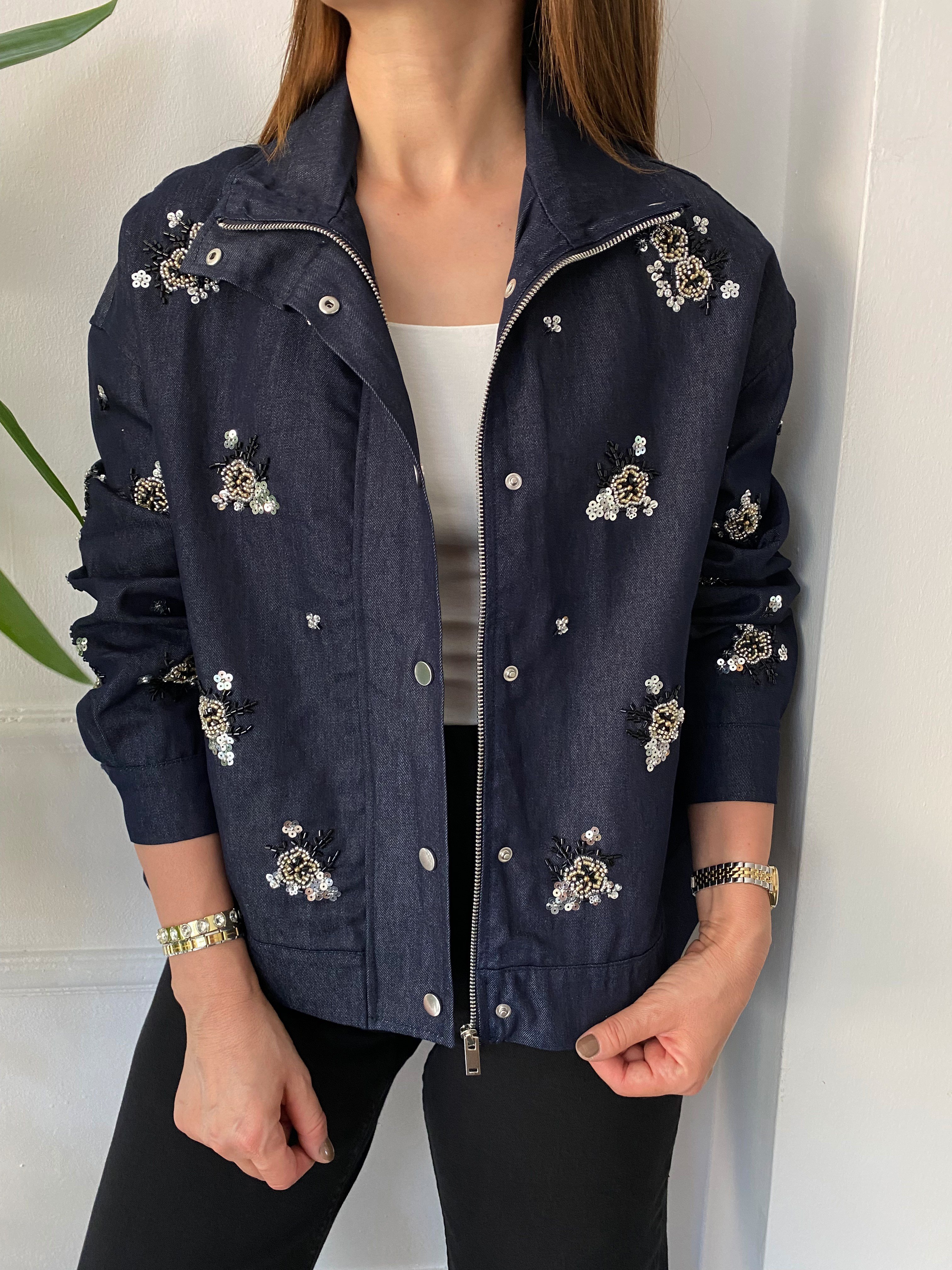Çiçek Boncuk İşlemeli Denim Ceket Lacivert