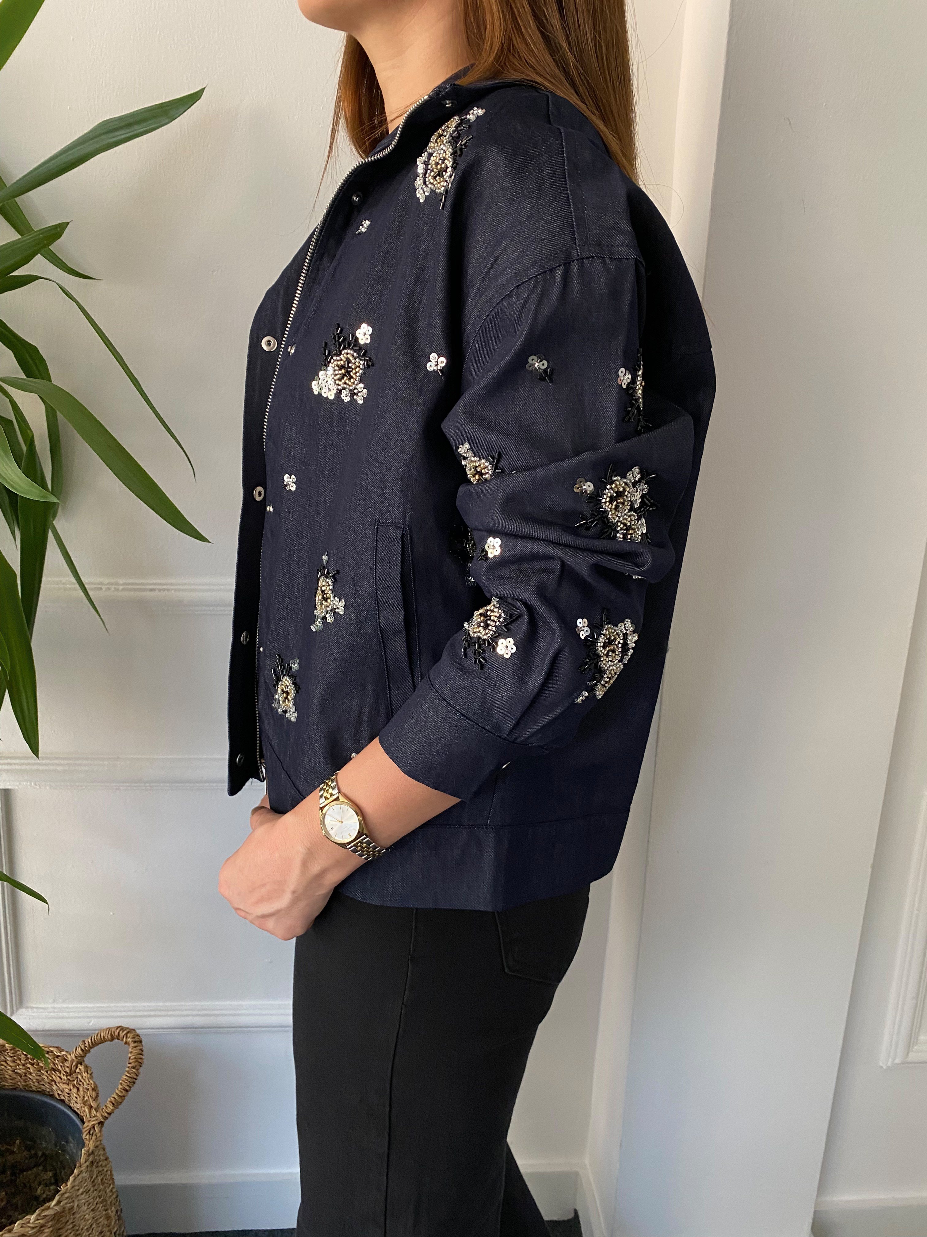 Çiçek Boncuk İşlemeli Denim Ceket Lacivert