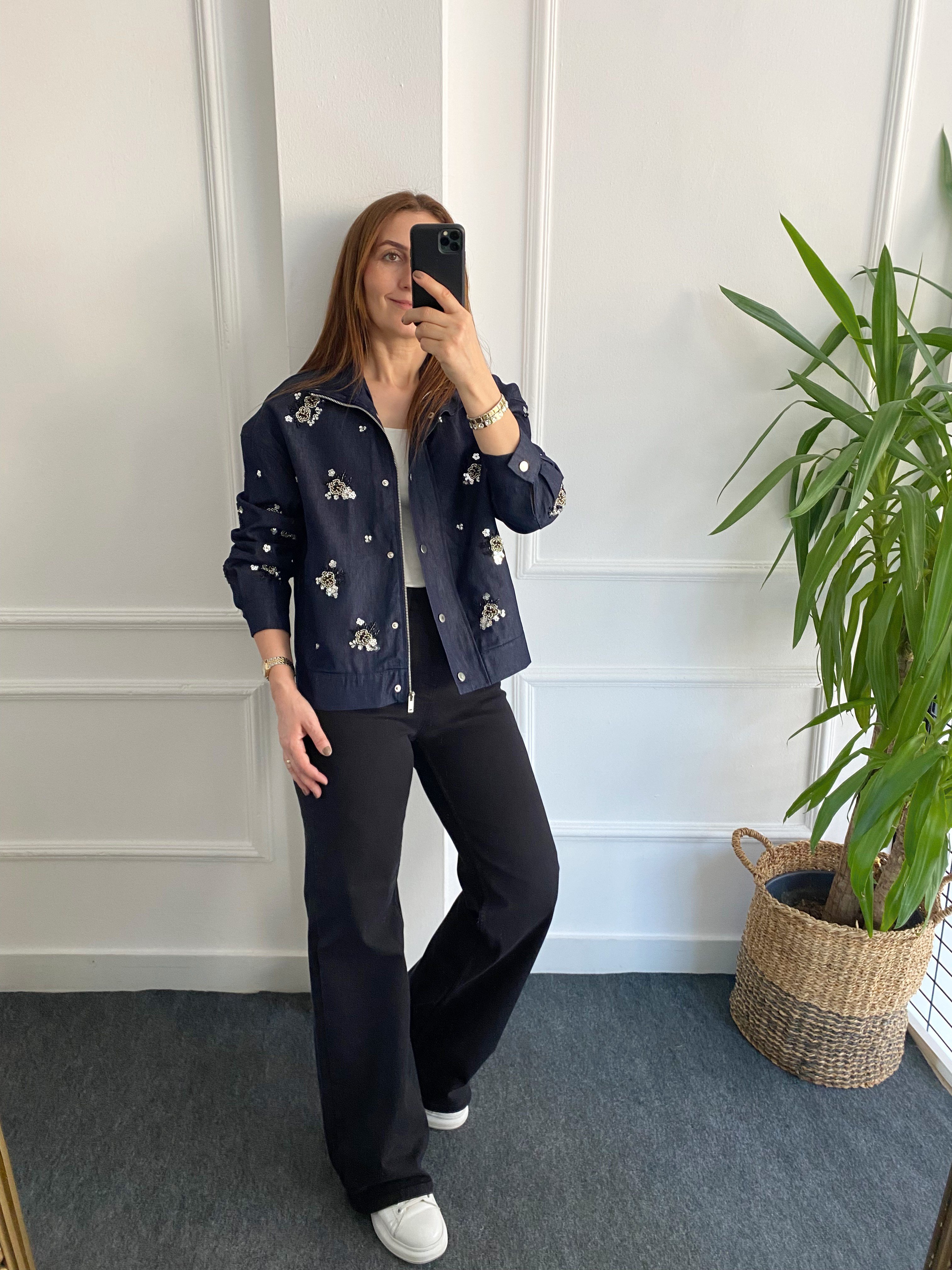 Çiçek Boncuk İşlemeli Denim Ceket Lacivert