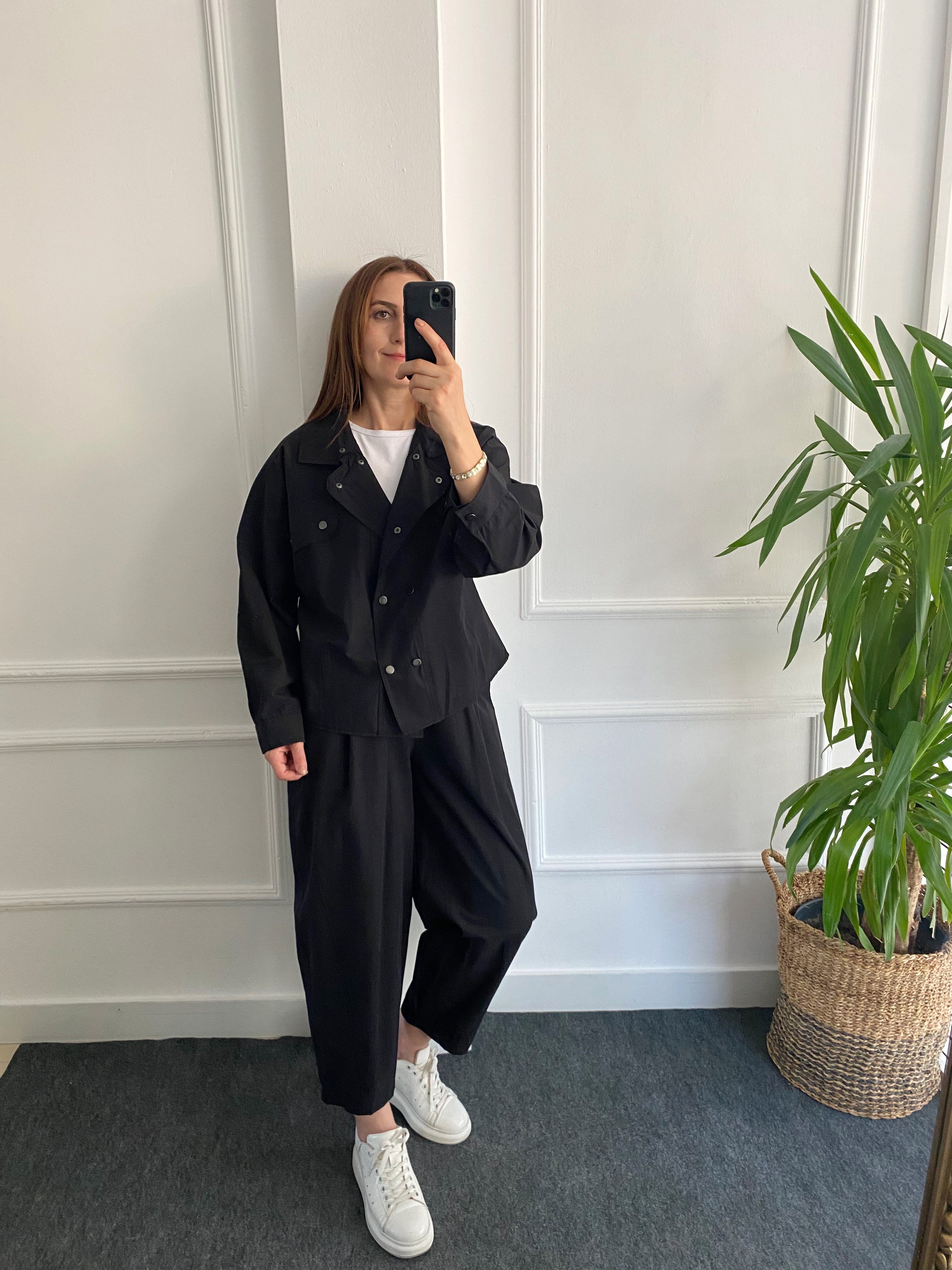 Dik Yaka Ceket Pantolon Takım Siyah