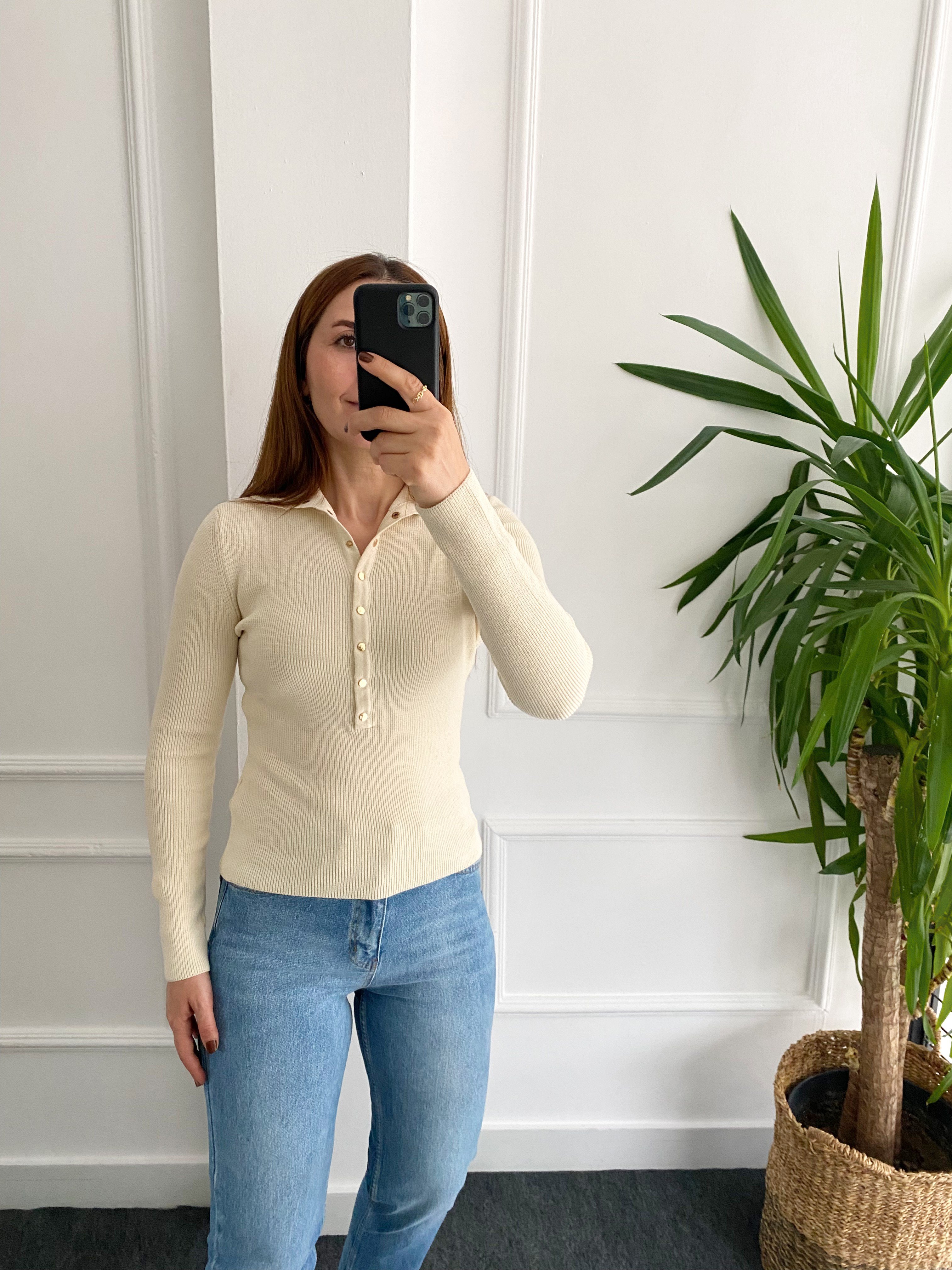 Dik Yaka Çıtçıtlı Triko Bej