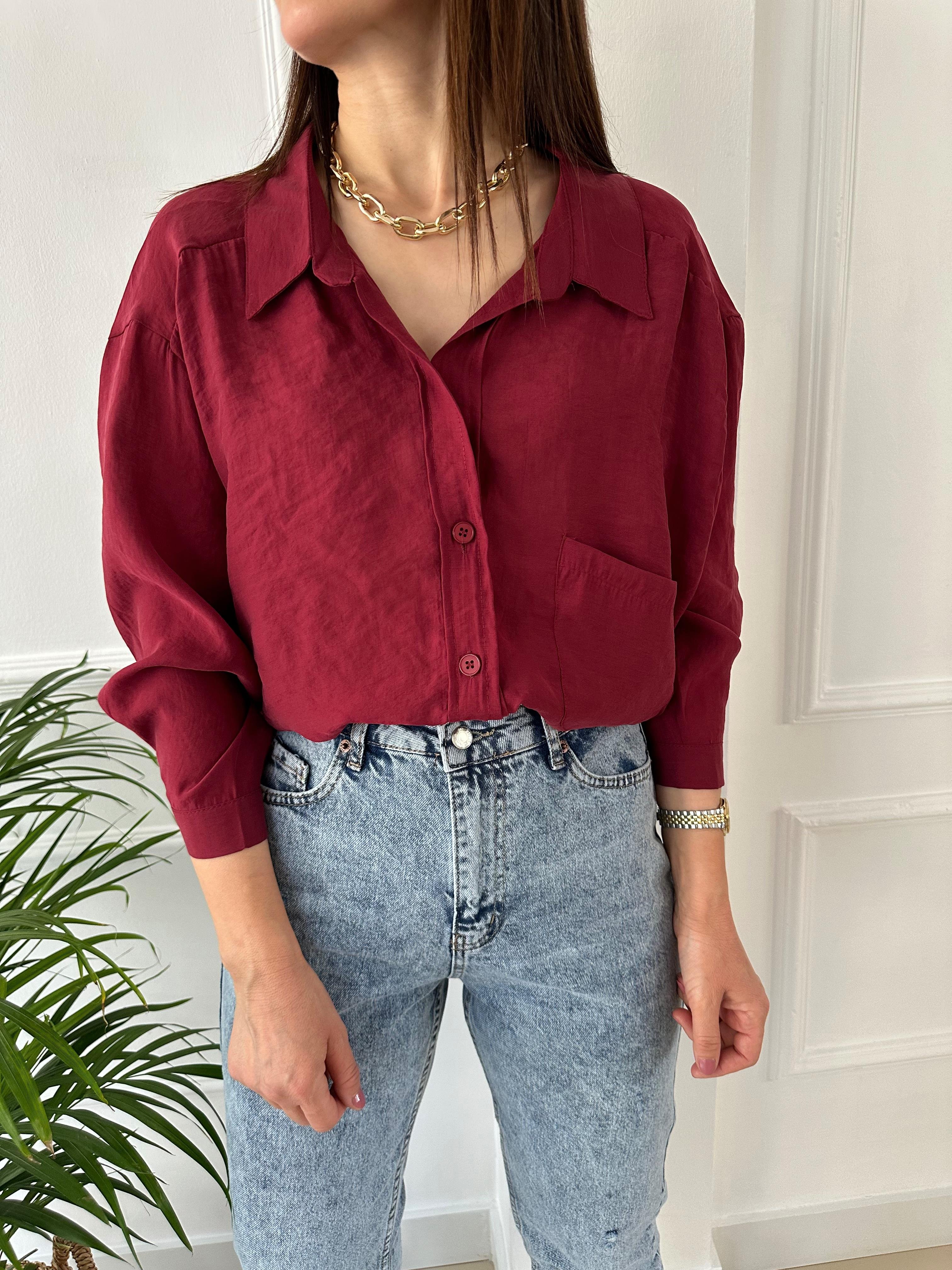 Düşük Omuzlu Oversize Gömlek Bordo
