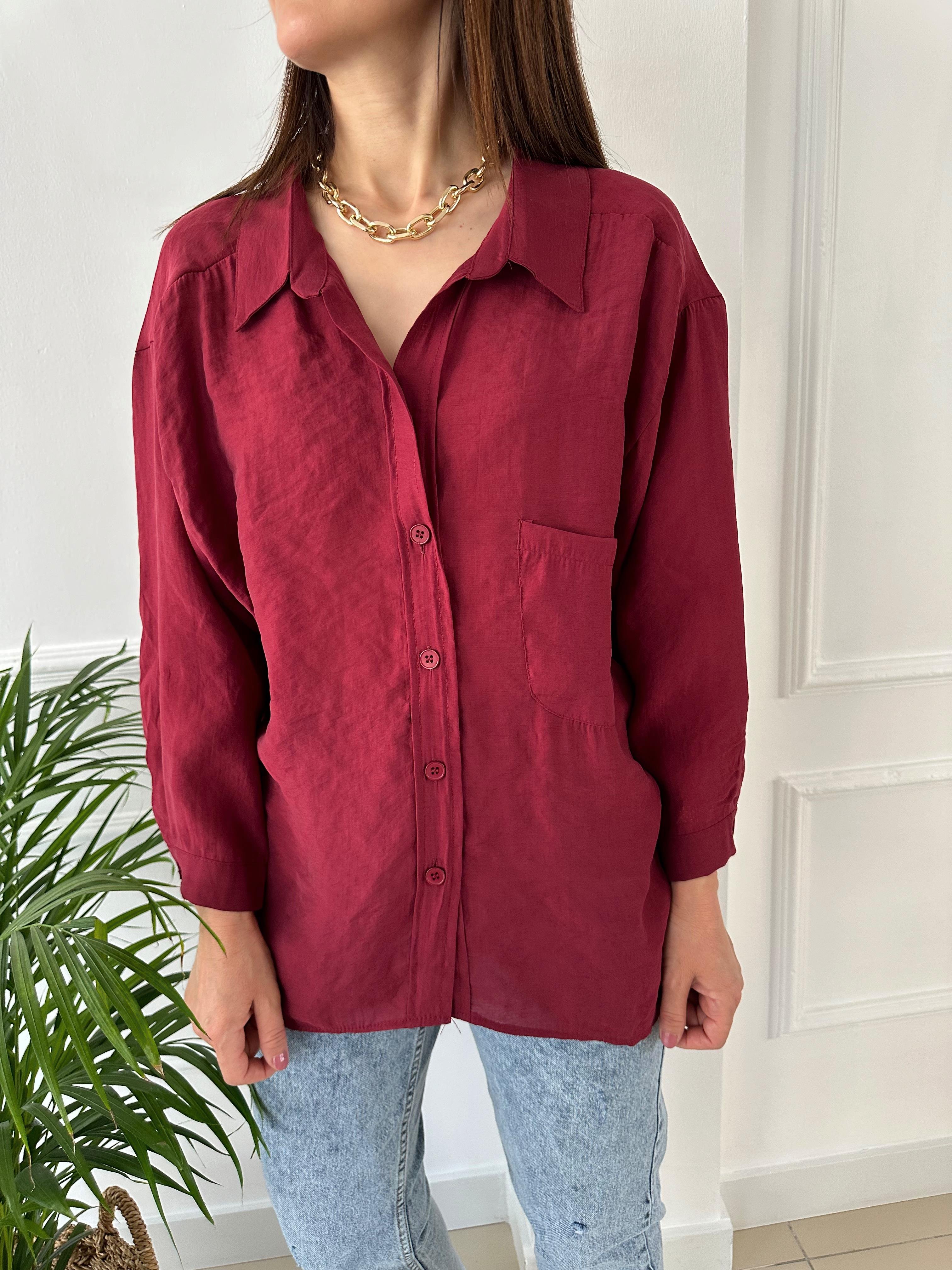 Düşük Omuzlu Oversize Gömlek Bordo